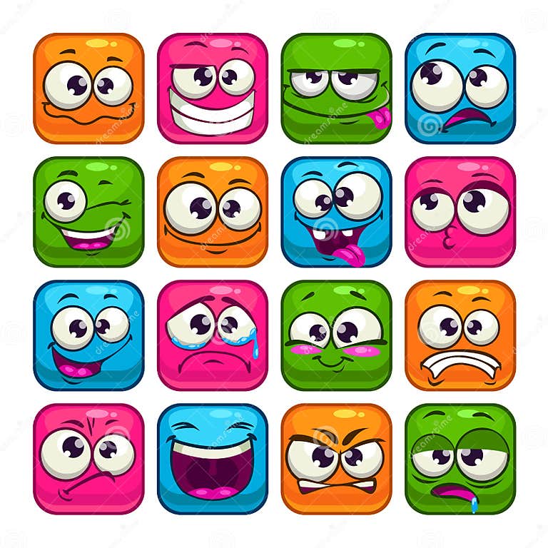 Funny Colorful Square Faces Set Stock Illustration - Illustration of ...