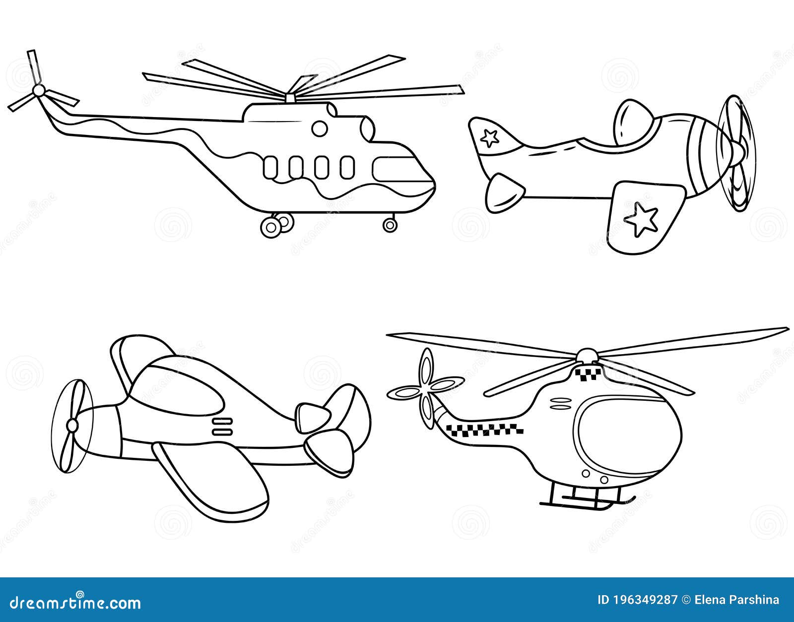 Funny Coloring Kids Air Transport Set. Helicopters, Biplane ...