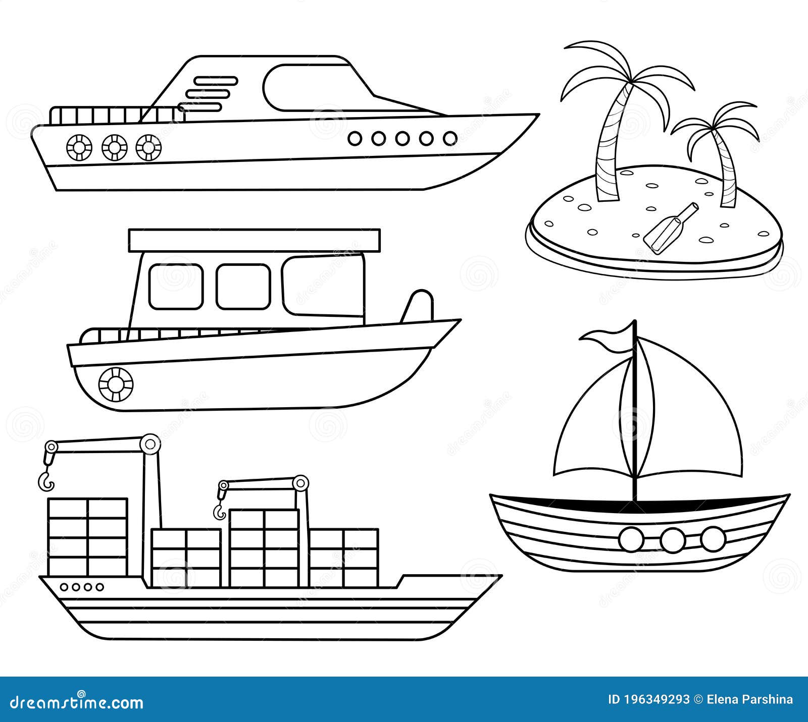 Funny Coloring Kids Water Transport Set. Boat, Yacht, Sailboat ...