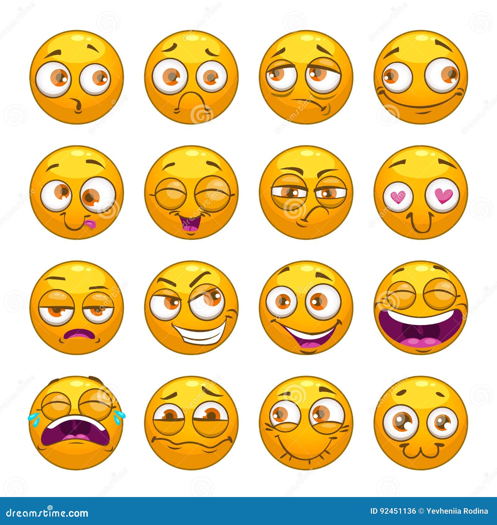 Funny Comic Cartoon Yellow Smiley Faces Set. Stock Vector - Illustration of  isolated, cute: 92451136