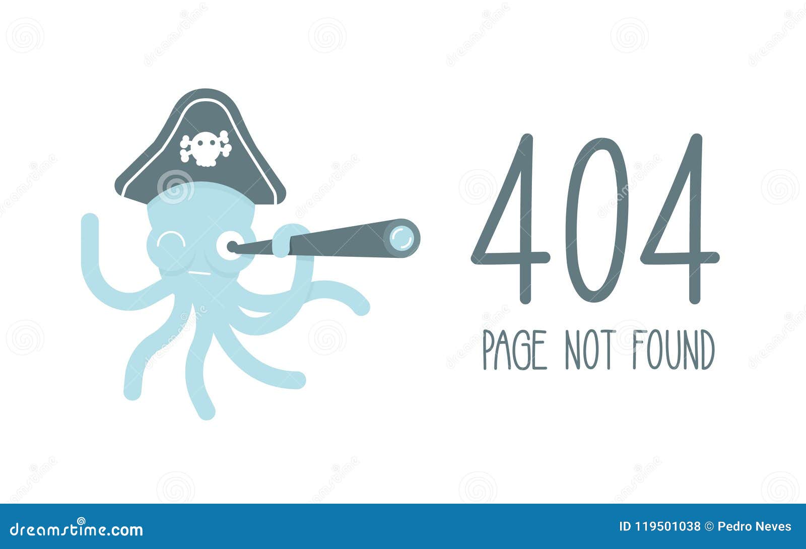 funny concept for 404 error, page not found.  flat  of a pirate octopus with a telescope