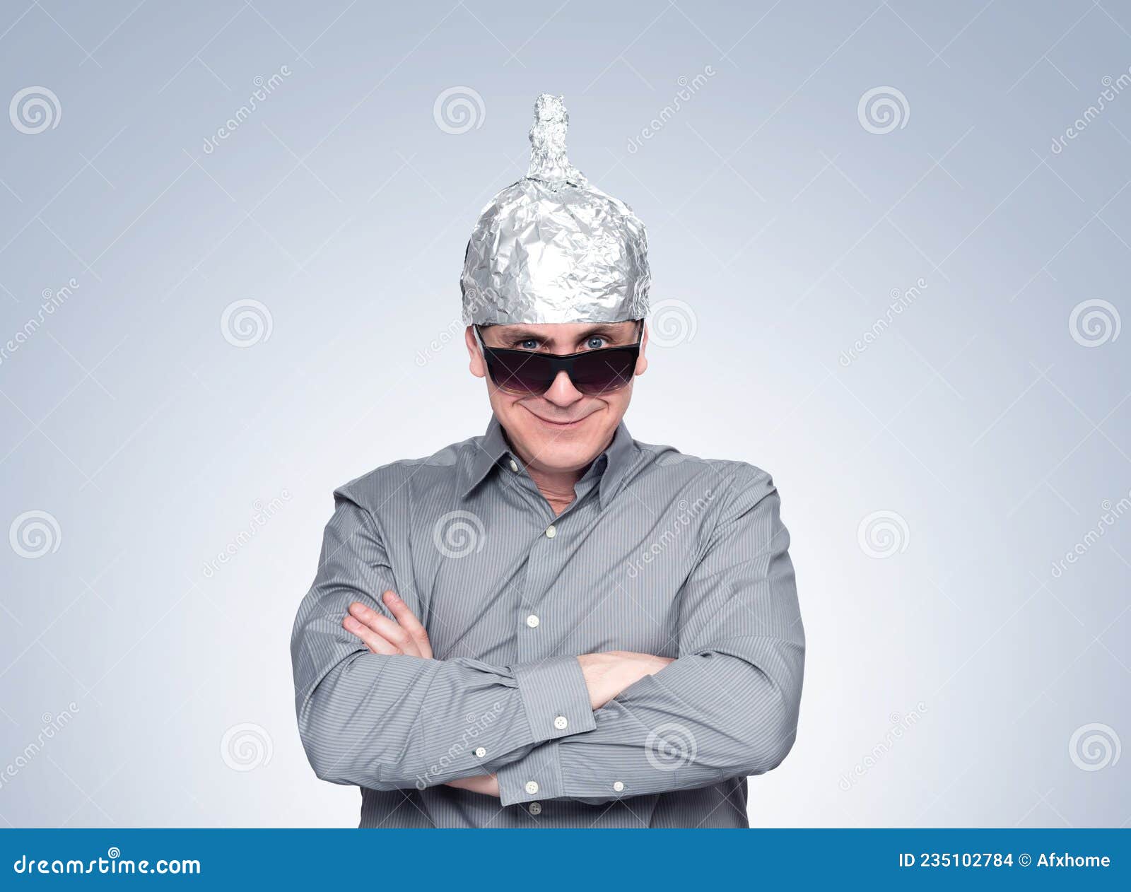 Funny Confident Smiling Man in Sunglasses and Aluminum Foil Hat, Psychic  Guru. File Contains a Path To Isolation. Stock Photo - Image of concept,  person: 235102784