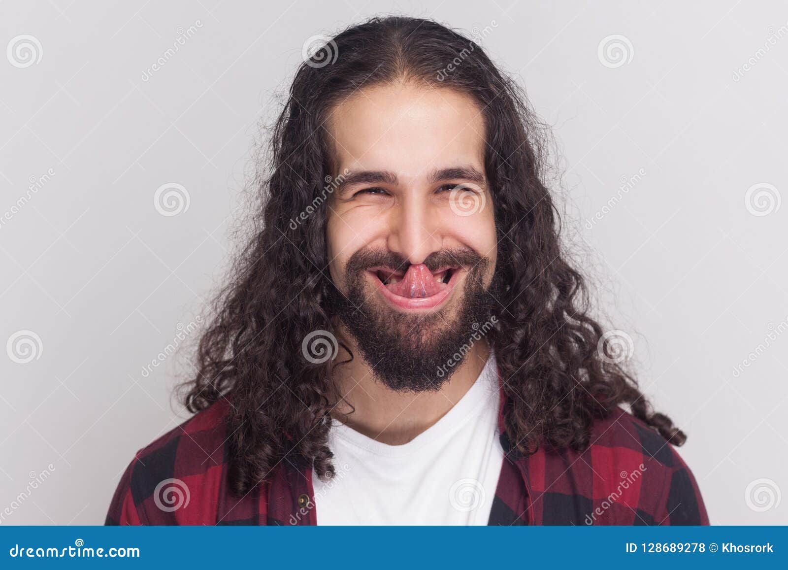 Funny Crazy Brunette Man With Beard And Black Long Curly Hair In