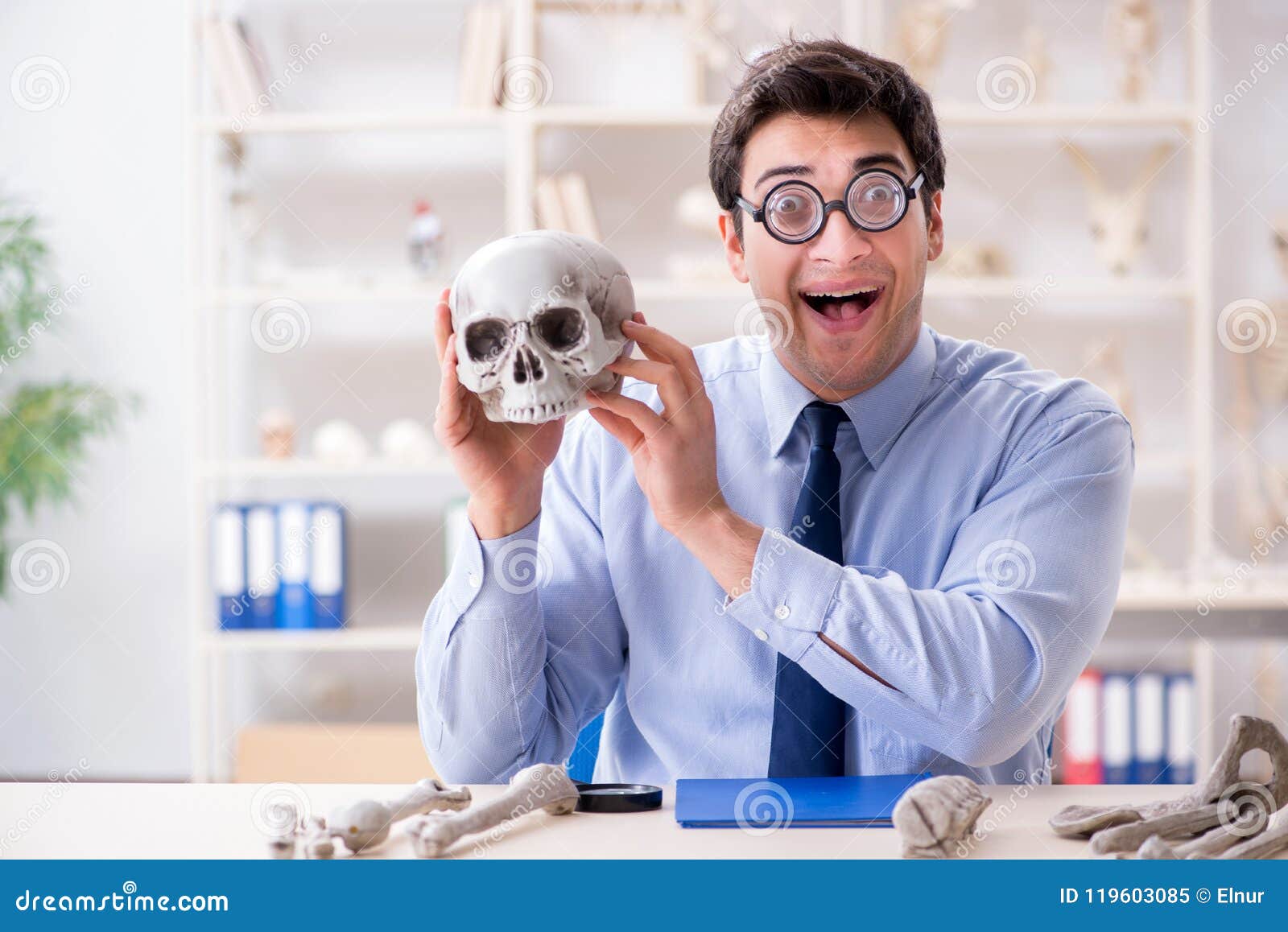 The Funny Crazy Professor Studying Human Skeleton Stock Image Image of history, archeology