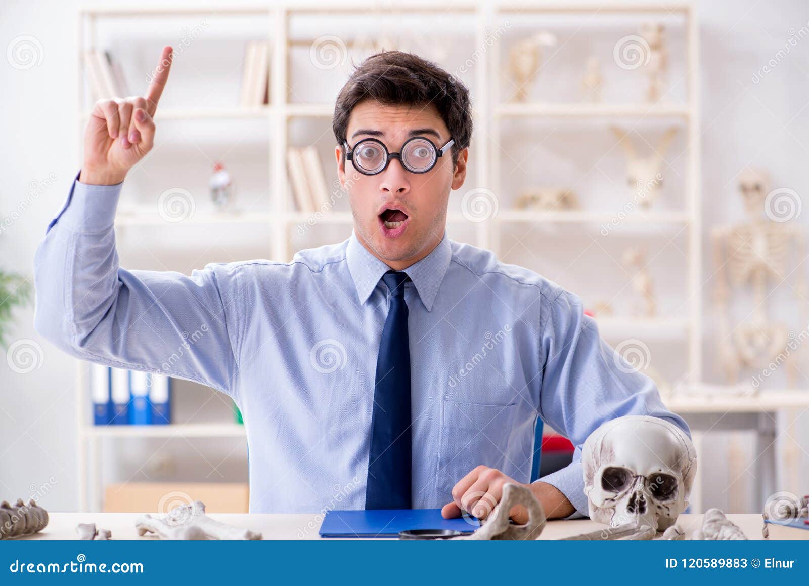 The Funny Crazy Professor Studying Human Skeleton Stock Image Image of education