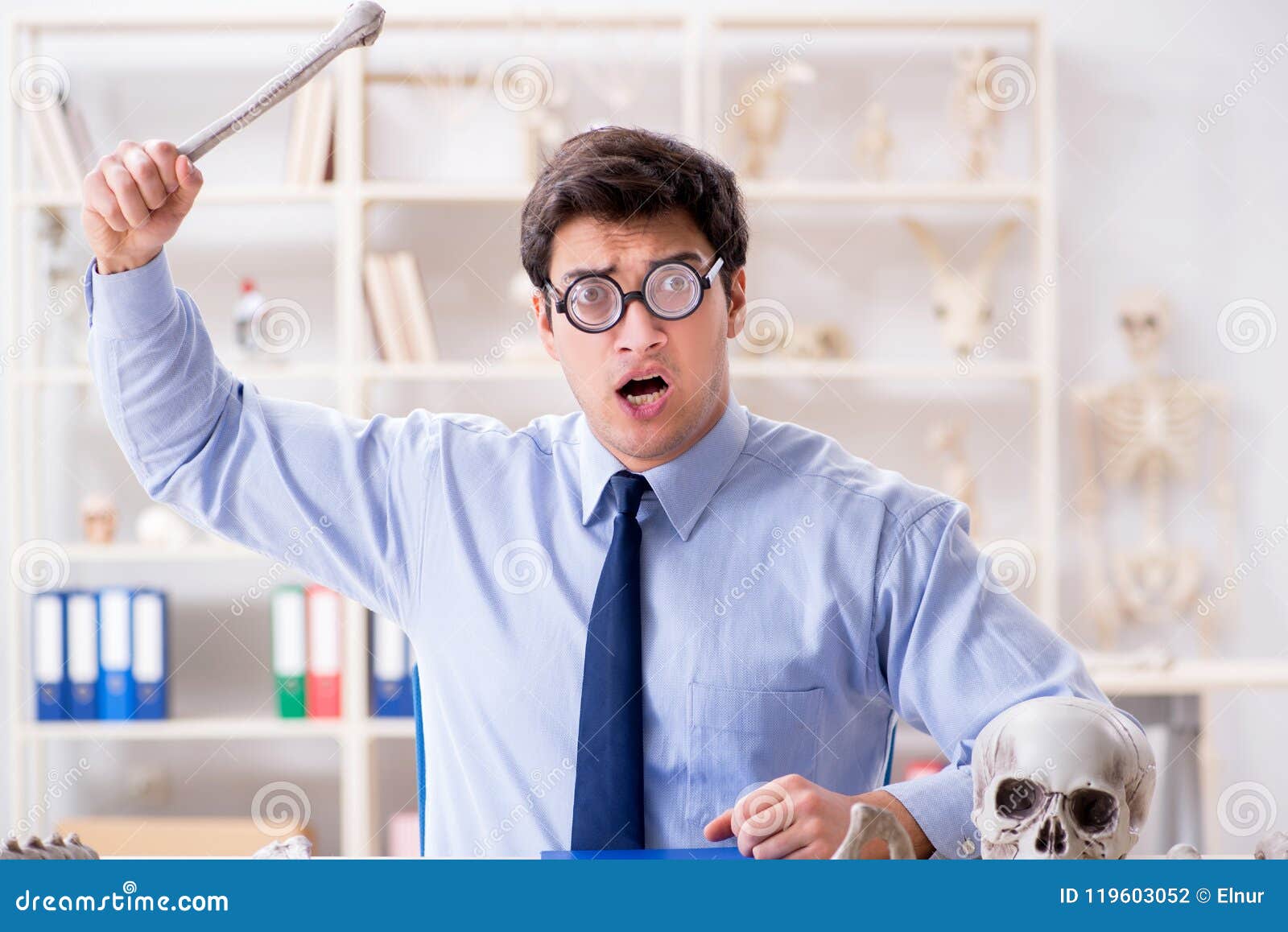 The Funny Crazy Professor Studying Human Skeleton Stock Photo Image of nuts, geologist 119603052
