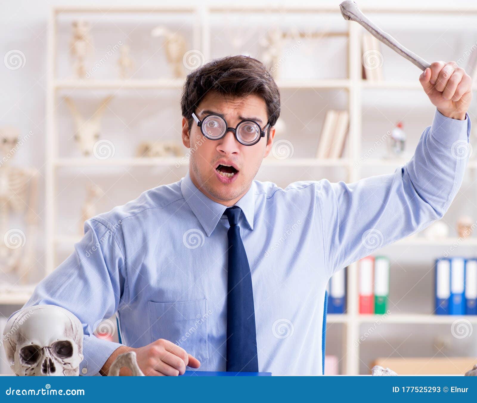 Funny Crazy Professor Studying Human Skeleton Stock Image Image of anthropology, examining