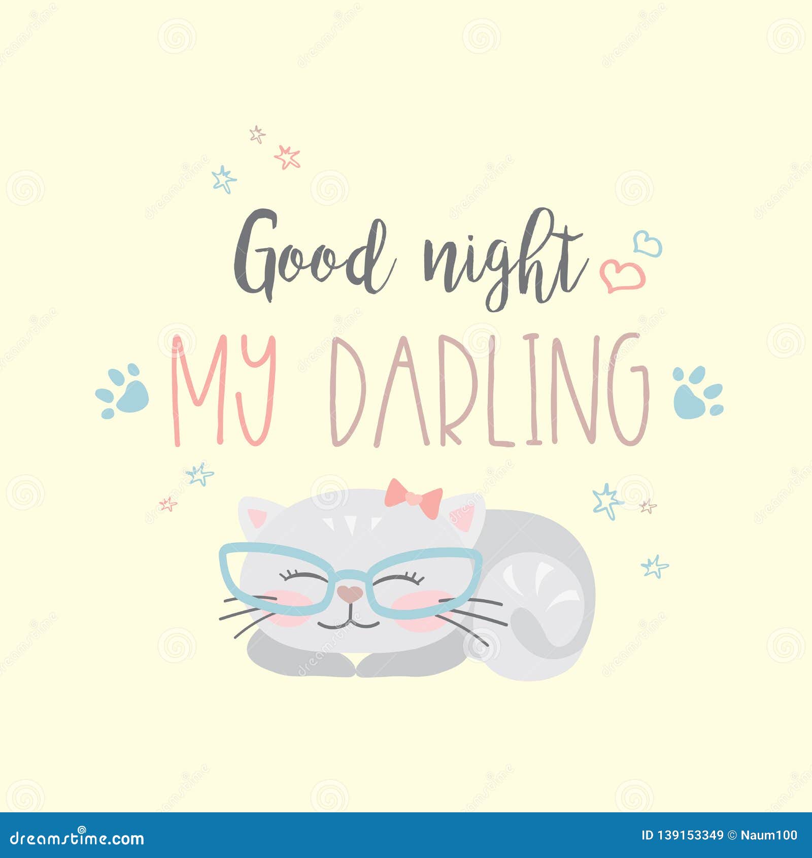 Funny Cute Cat and Phrase- Good Night My Darling Stock Vector -  Illustration of lettering, darling: 139153349
