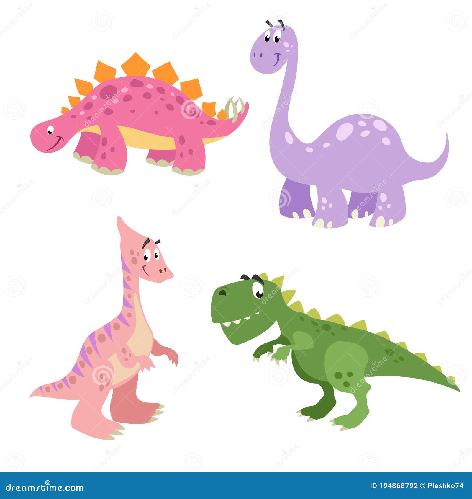 Funny Cute Dinosaurs Set. Brontosaurus, Tyrannosaurus Rex, Stegosaurus ...