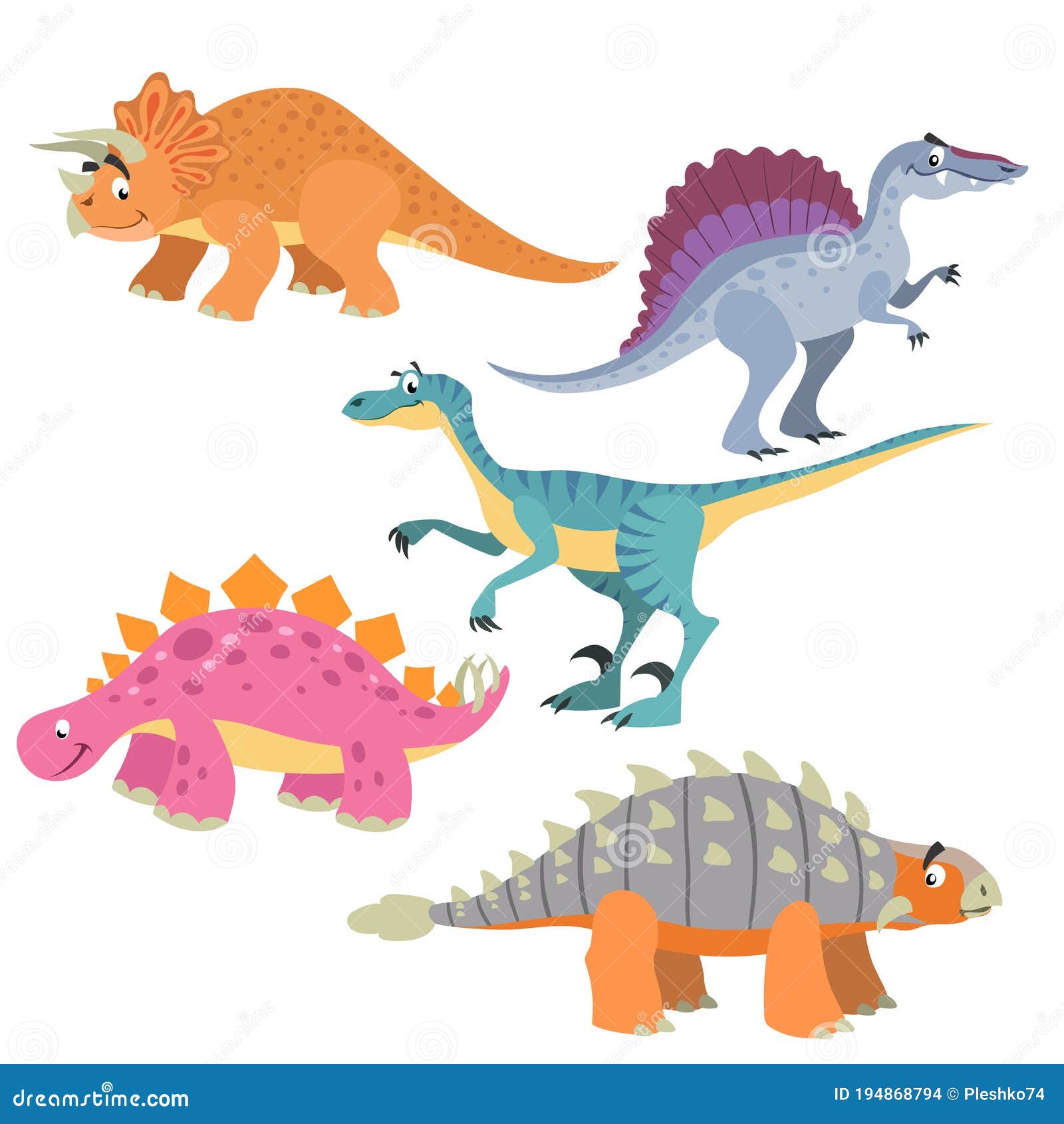 Funny Cute Dinosaurs Set Triceratops Velociraptor Ankylosaurus Spinosaurus And Triceratops Cartoon Flat Style Stock Vector Illustration Of Draw Education
