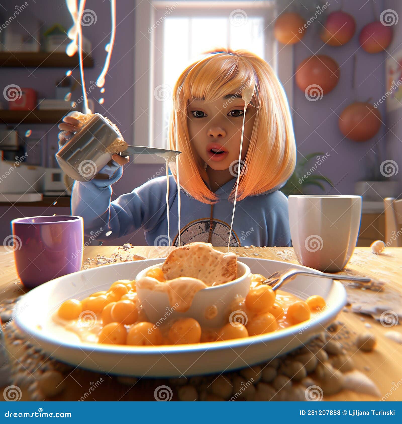 Funny Cute Girl Eats Breakfast.3d Illustration Stock Illustration