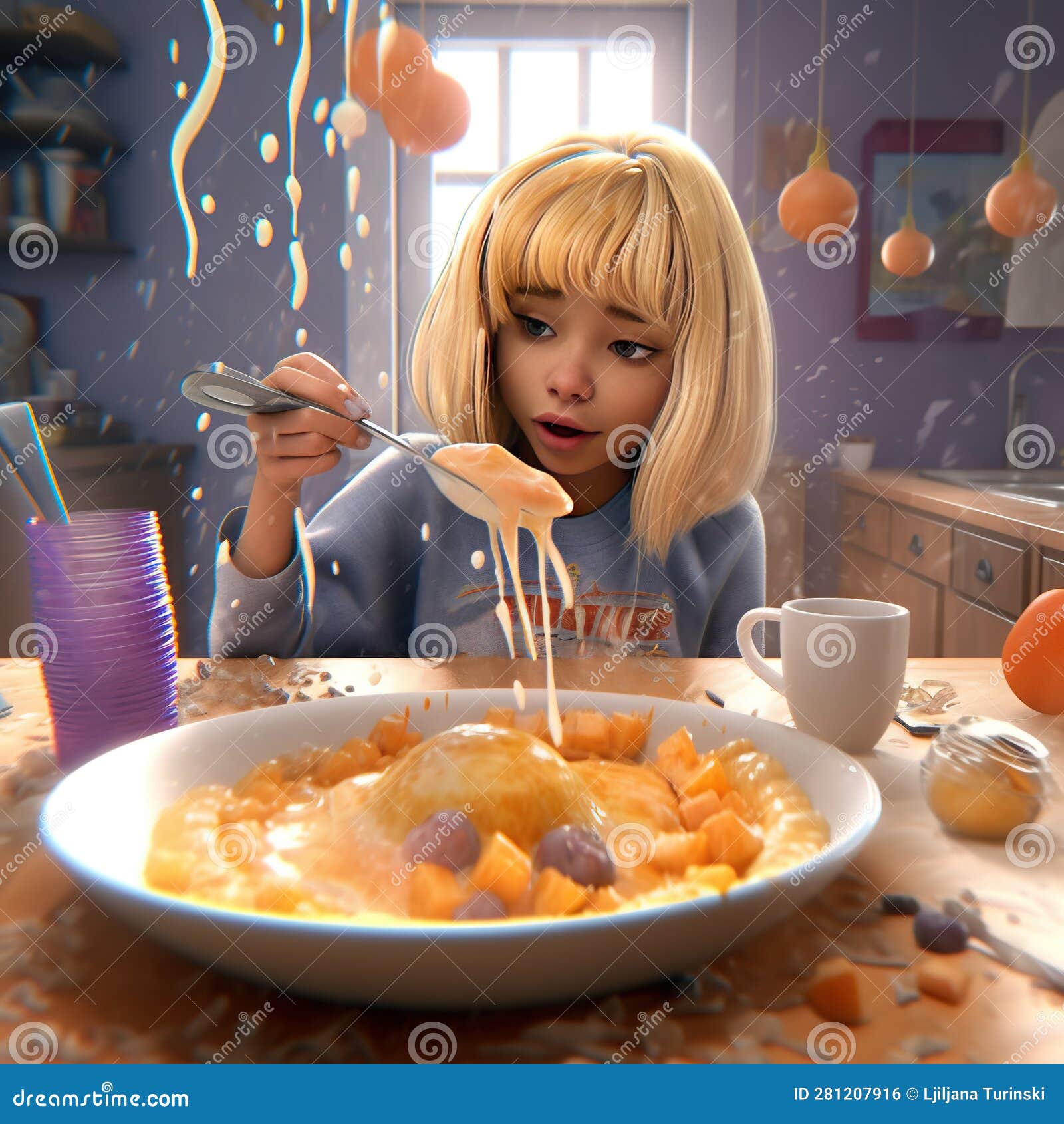Funny Cute Girl Eats Breakfast.3d Illustration Stock Illustration