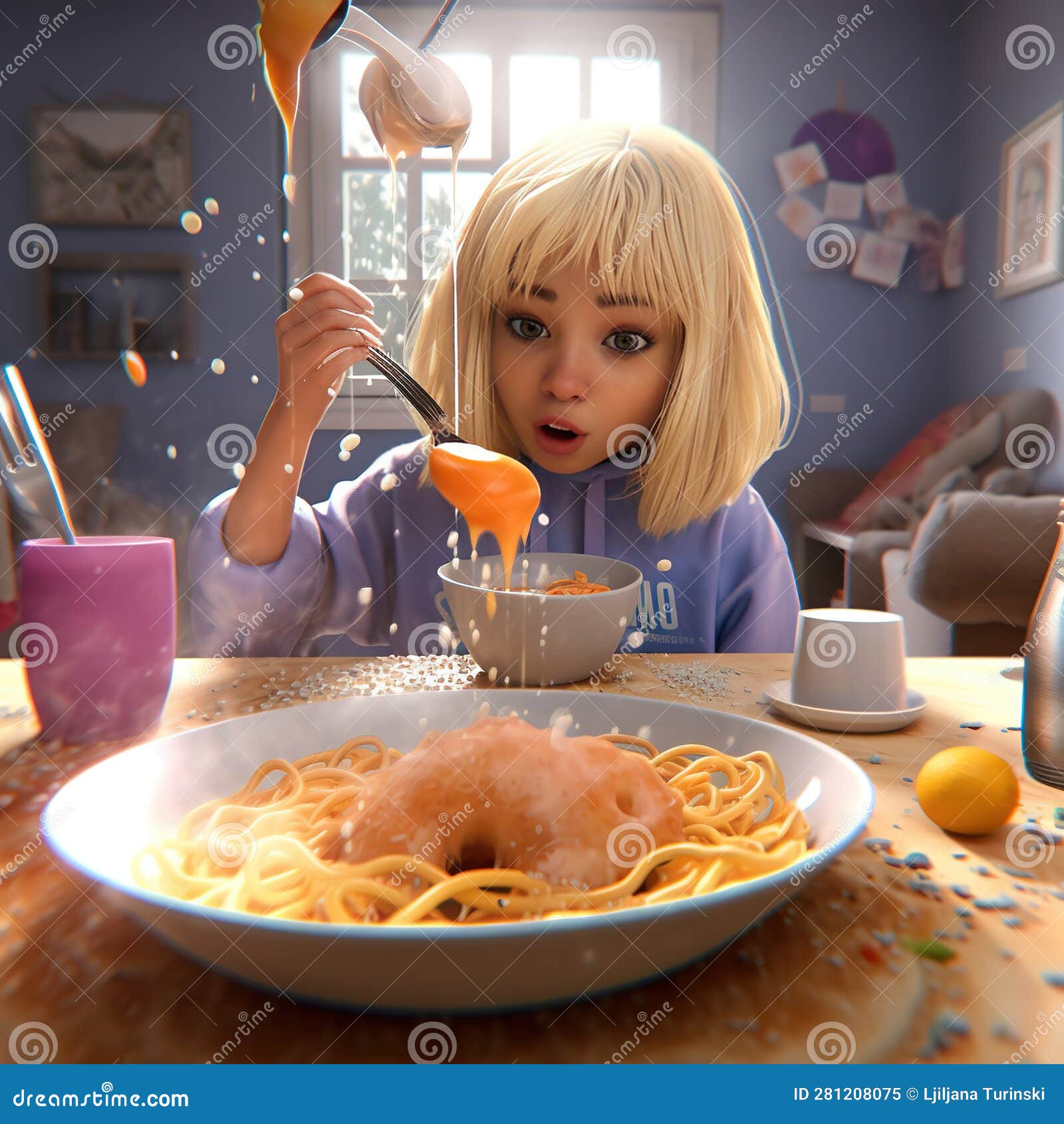 Funny Cute Girl Eats Breakfast.3d Illustration Stock Illustration