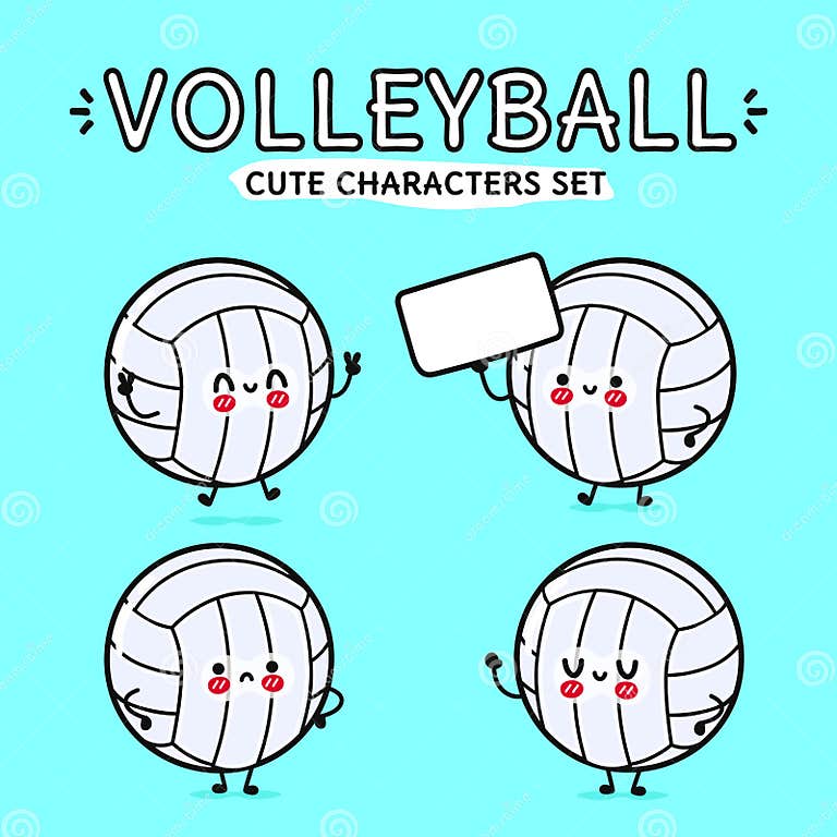 Funny Cute Happy Volleyball Characters Bundle Set. Vector Hand Drawn ...