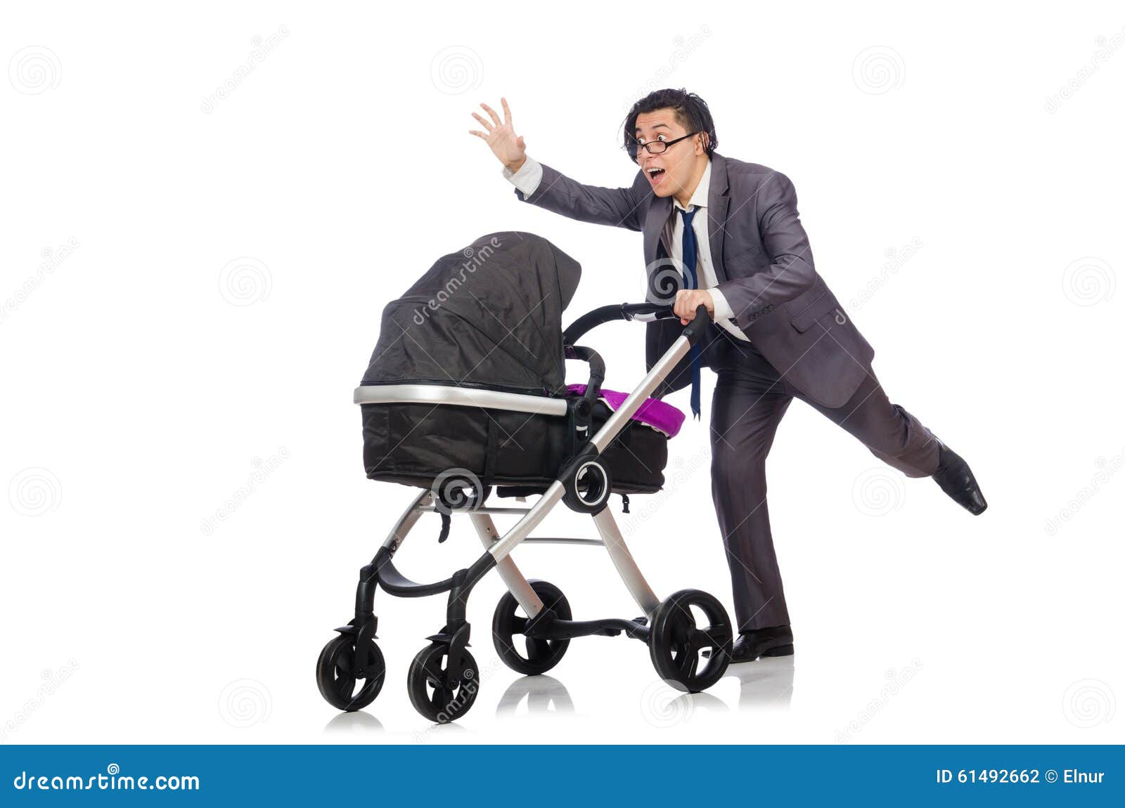 The Funny Dad with Baby and Pram on White Stock Photo Image of