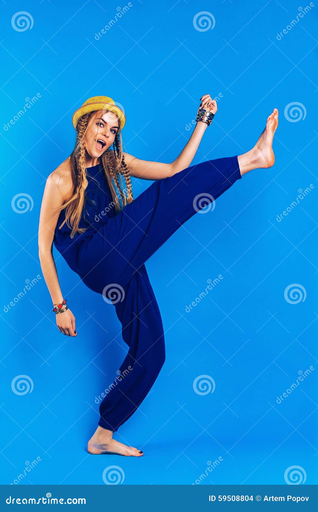 Funny Dancing Blond Woman in Blue Overall Stock Photo Image of indigo