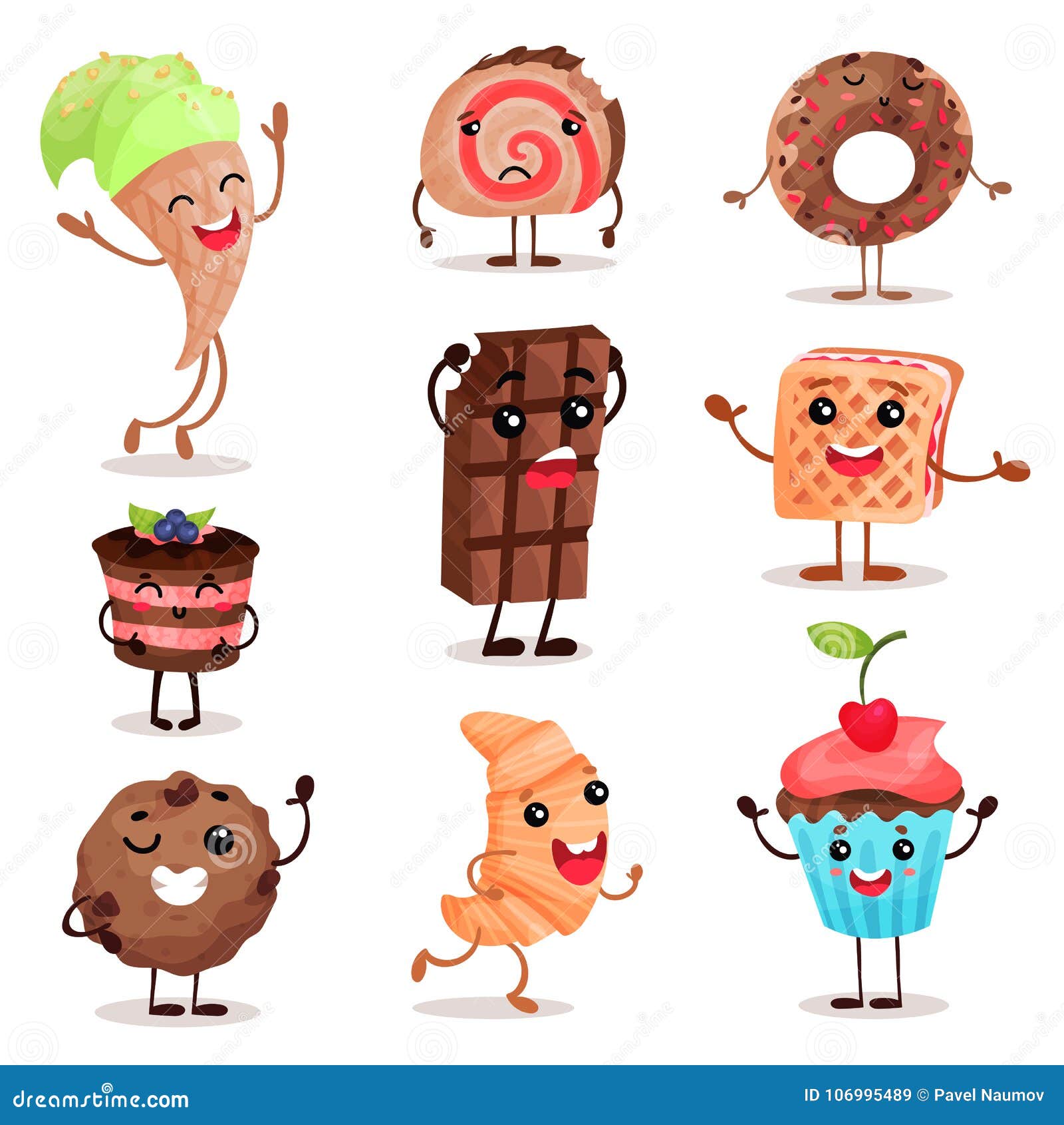 Funny Dessert Characters Set, Cute Smiley Sweets Cartoon Vector  Illustrations Stock Vector - Illustration of icecream, humor: 106995489