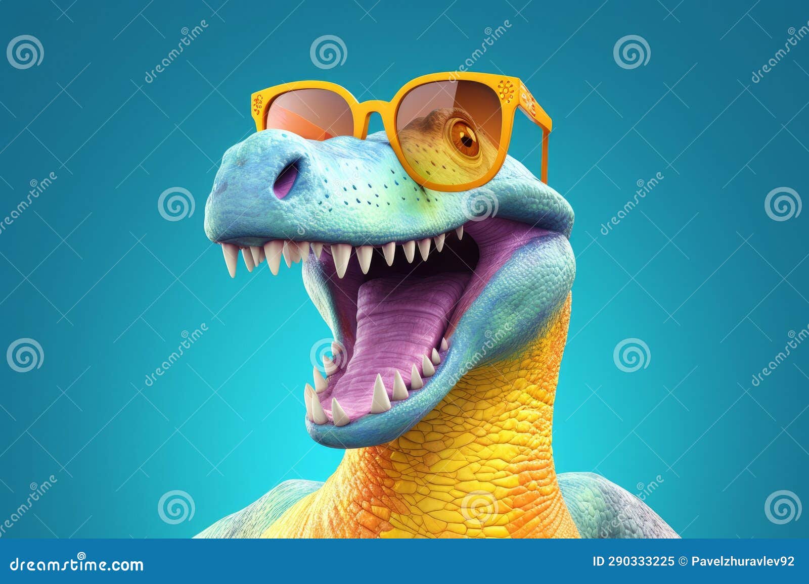 Funny Dinosaur with Sunglasses on Blue Background. 3d Illustration Stock Illustration