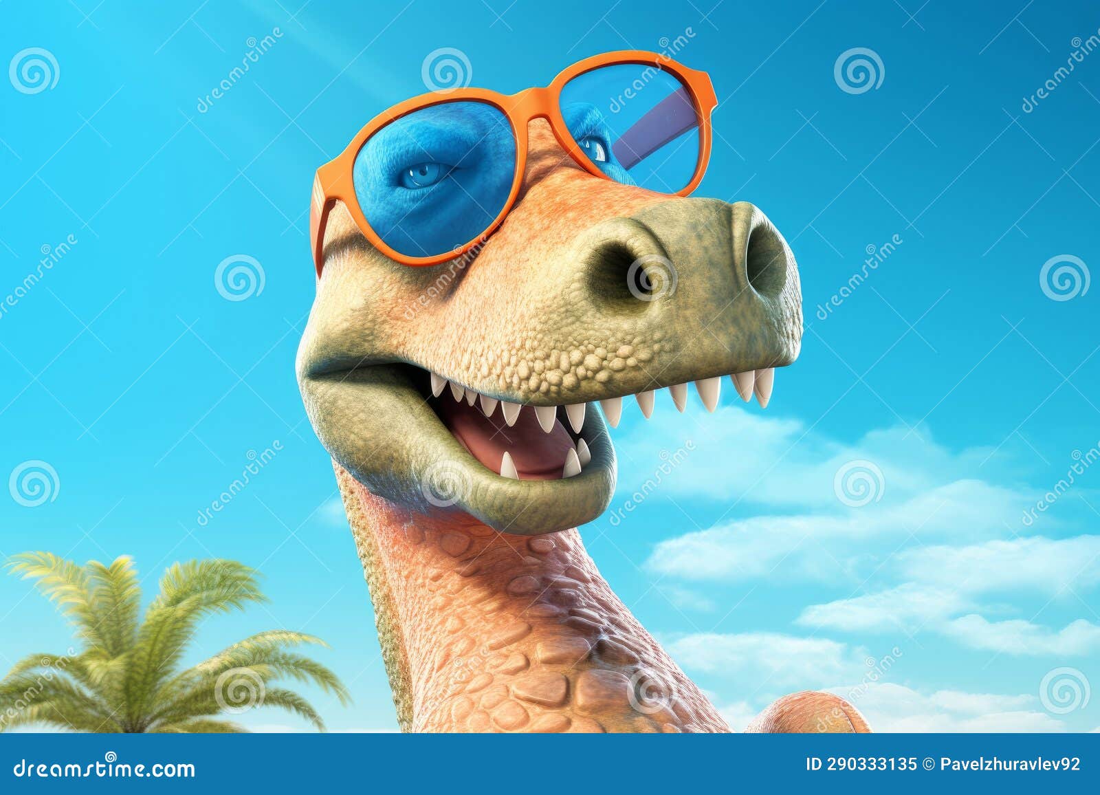 Funny Dinosaur with Sunglasses on Blue Sky Background. 3d Illustration Stock Illustration