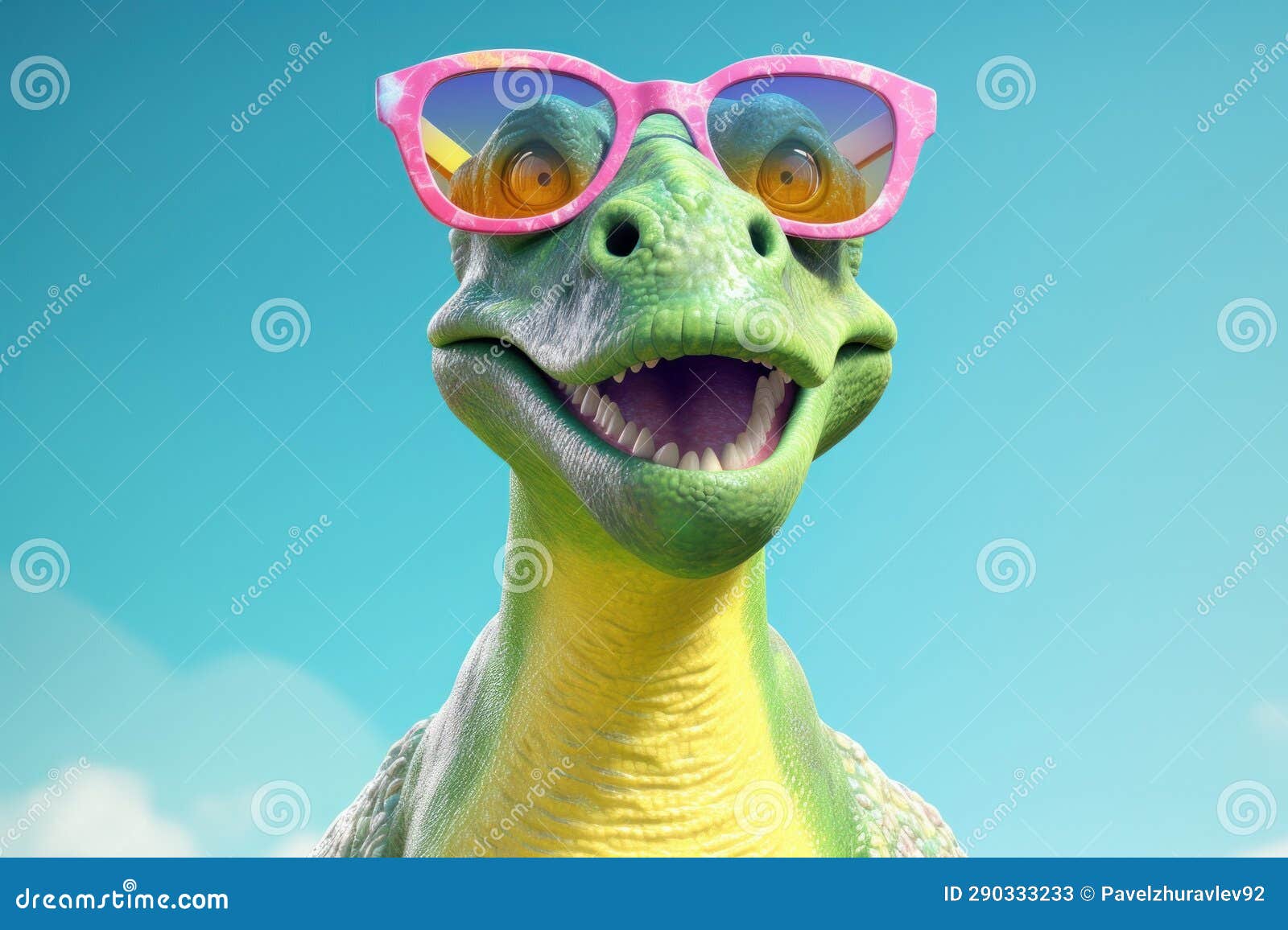 Funny Dinosaur with Sunglasses on Blue Sky Background. 3d Illustration Stock Illustration