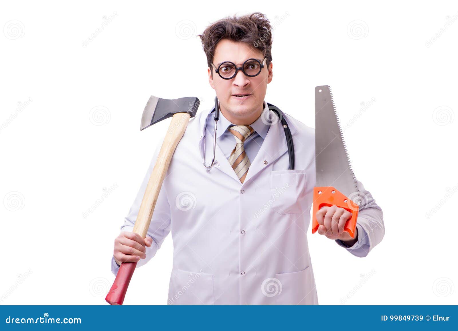 The Funny Doctor with Axe and Saw Isolated on White Stock Image Image
