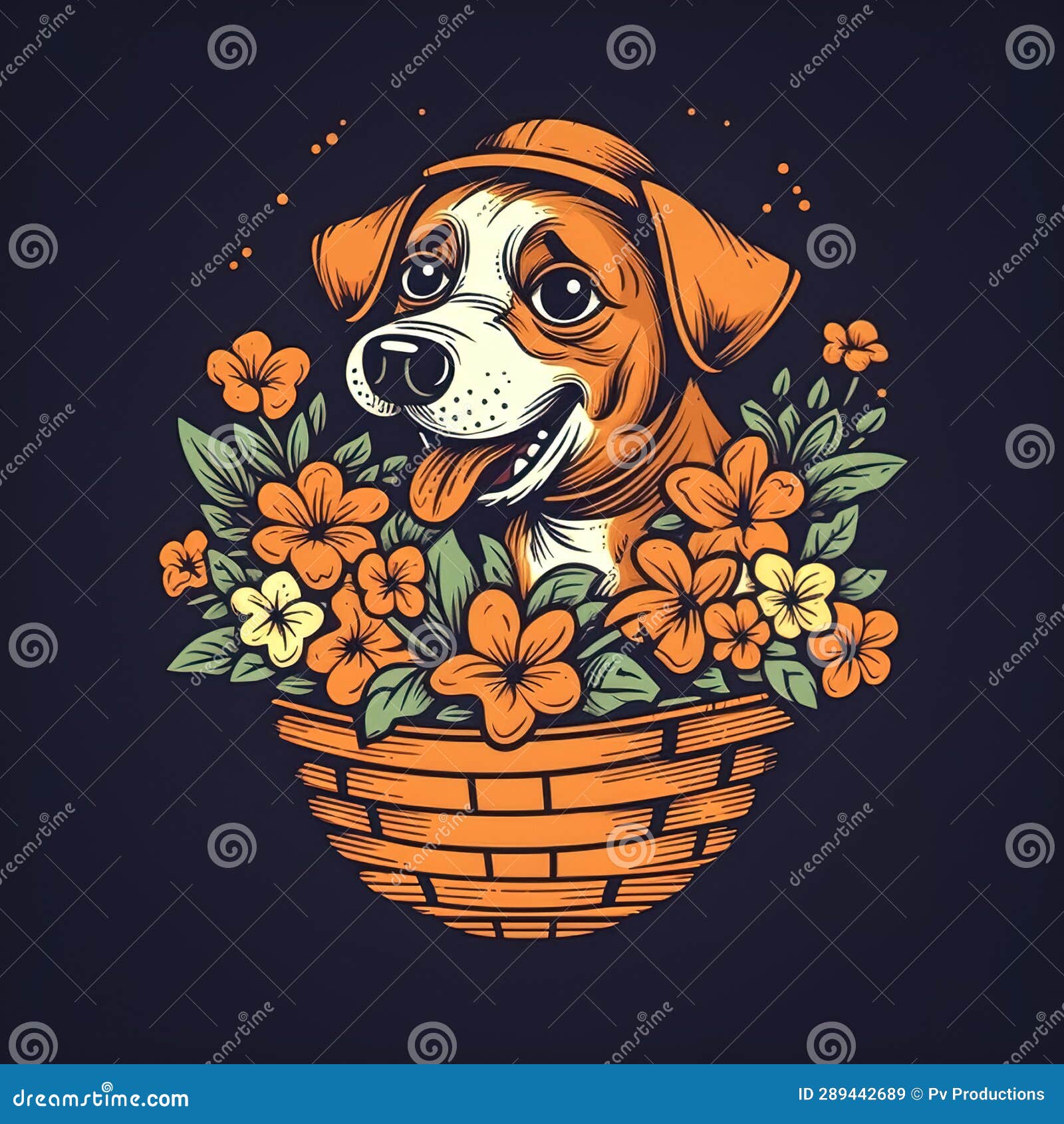 Funny Dog in a Basket with Flowers, Generative AI. Stock Image Image