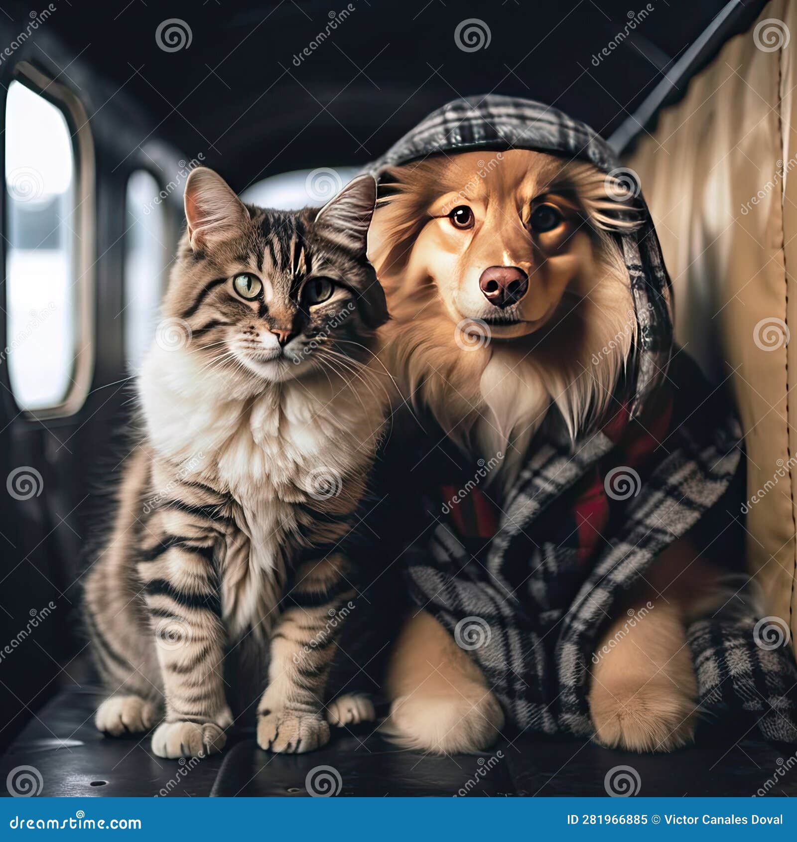 funny dog and cat travelling together inside rv camper with a blanket