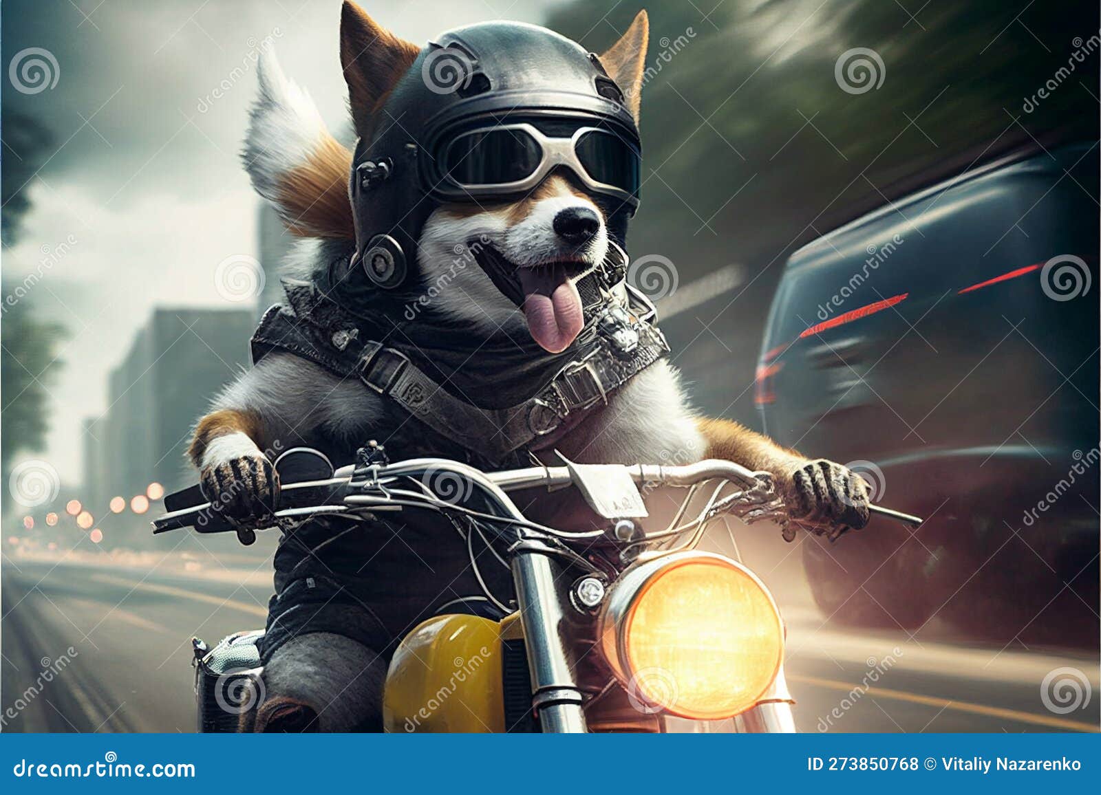 Funny Dog Rides a Motorcycle. AI Generated. Stock Illustration