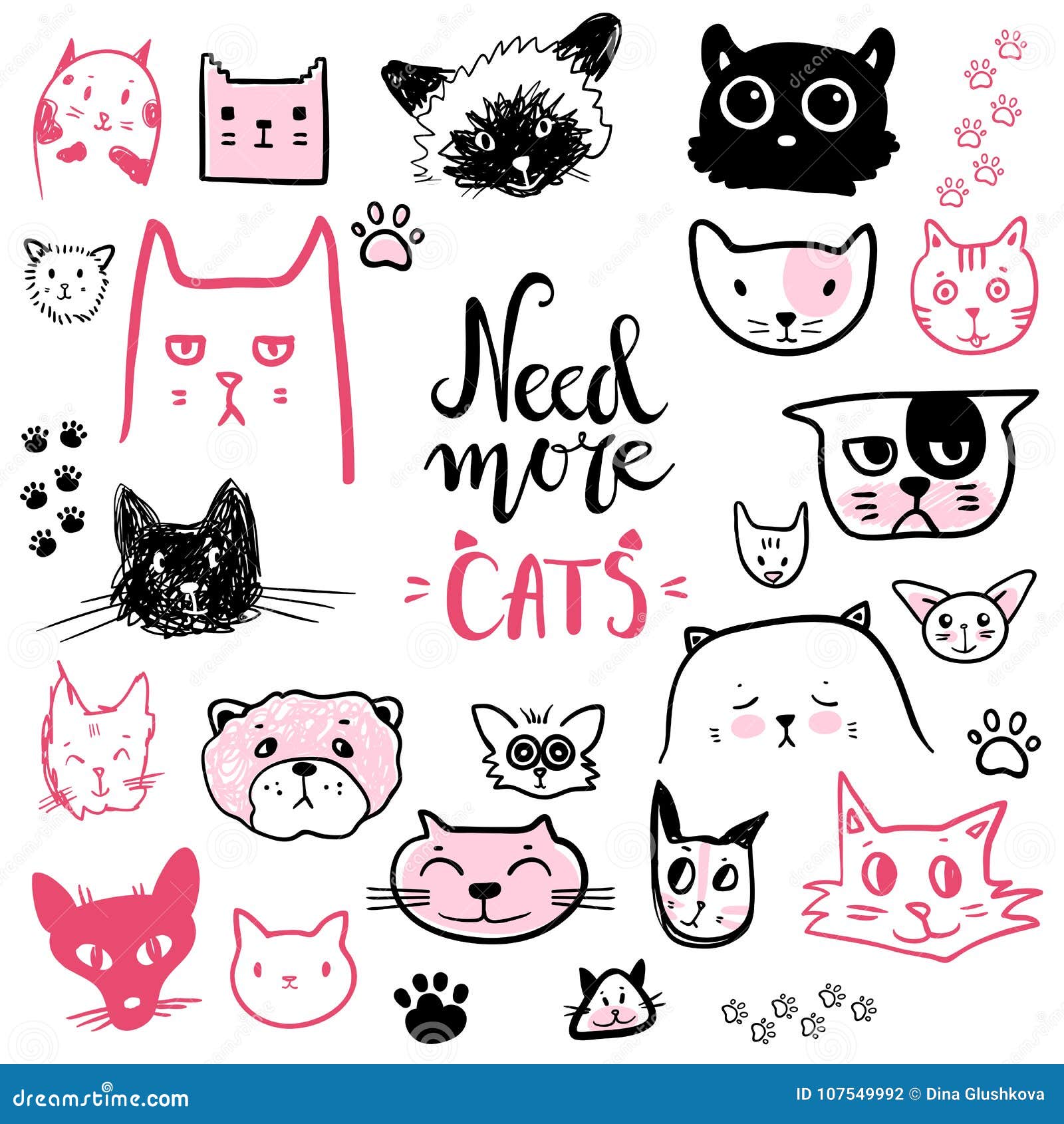 Cute cats collection, vector icons, hand drawn illustrations