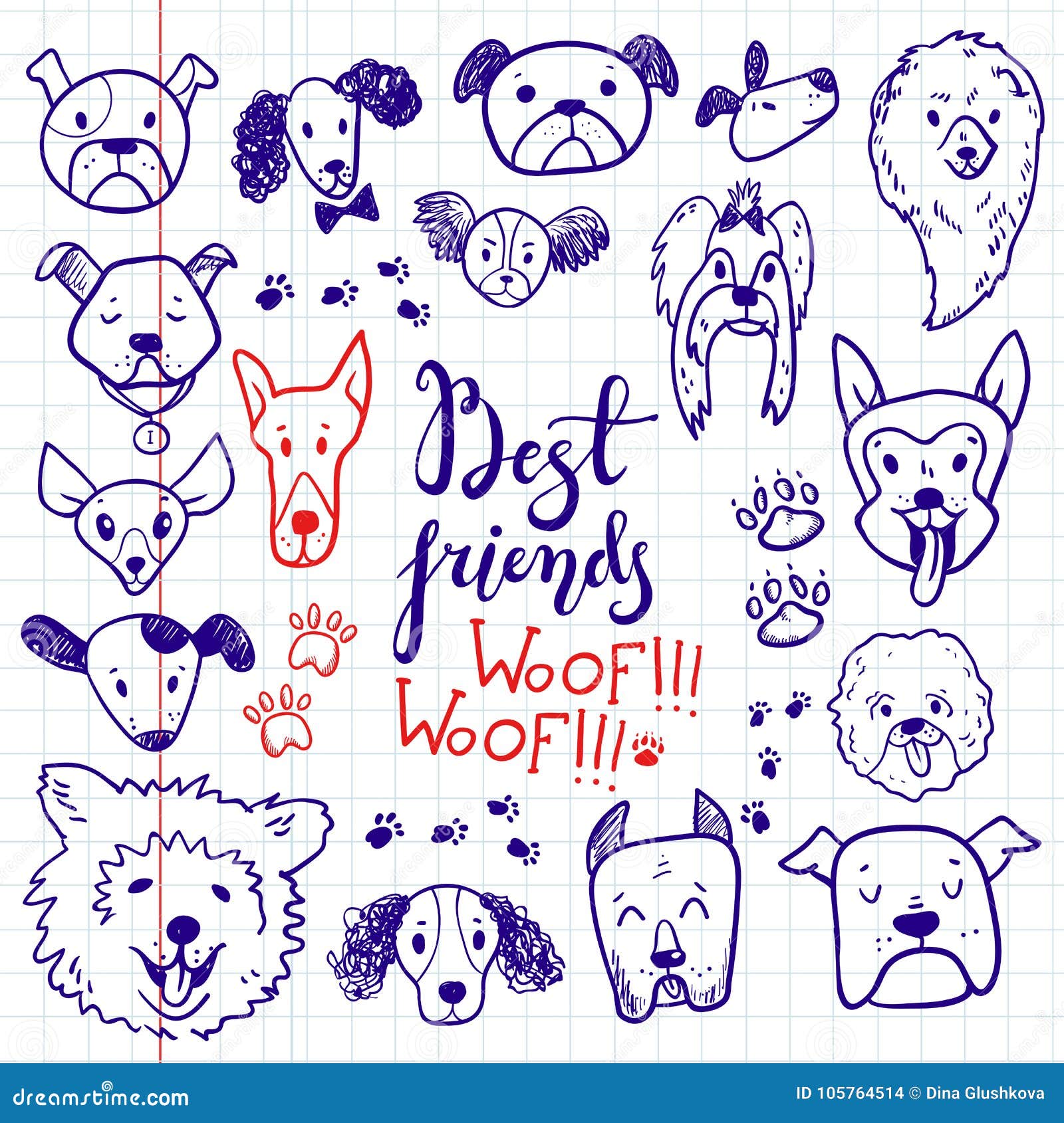 Funny Doodle Dog Icons Collection Hand Drawn Pet Kid Drawn Des