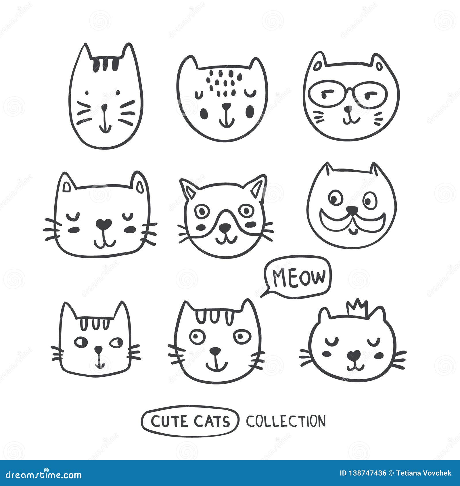 Funny Doodle Outline Cats Faces Collection Stock Vector - Illustration of  drawing, comic: 138747436