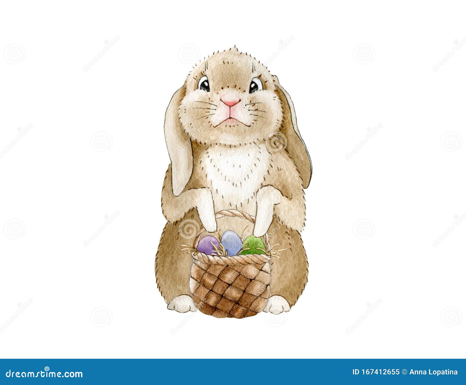 Funny Easter Cartoon Bunny with a Basket Watercolor Illustration. Hand  Drawn Little Rabbit with Eggs Image Easter Symbol Stock Illustration -  Illustration of cute, animal: 167412655