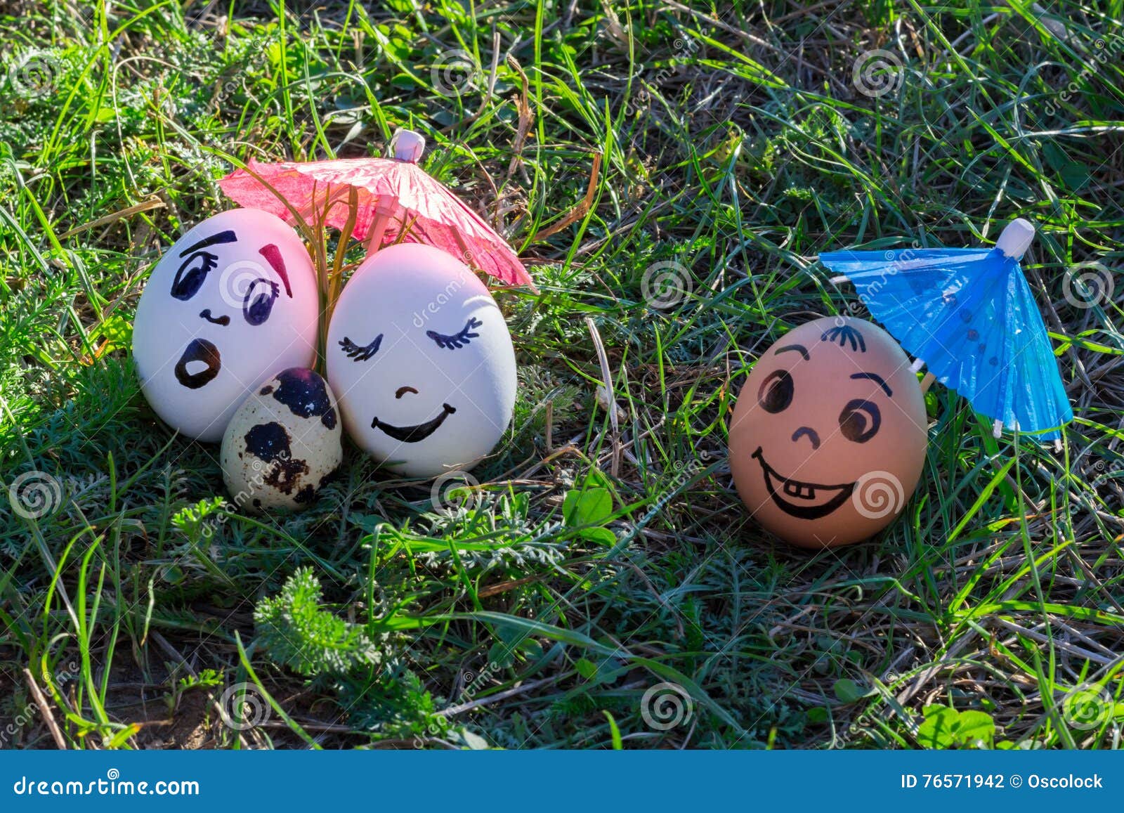 funny eggs imitating white couple, versicolored baby and coloure