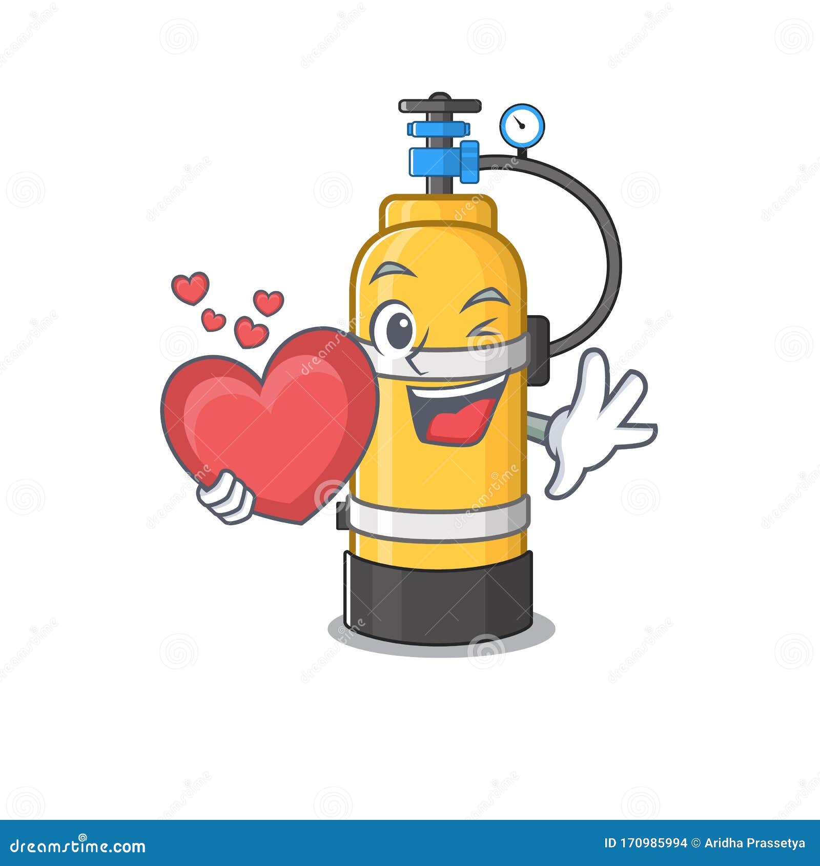 Funny Face Oxygen Cylinder Cartoon Character Holding a Heart Stock