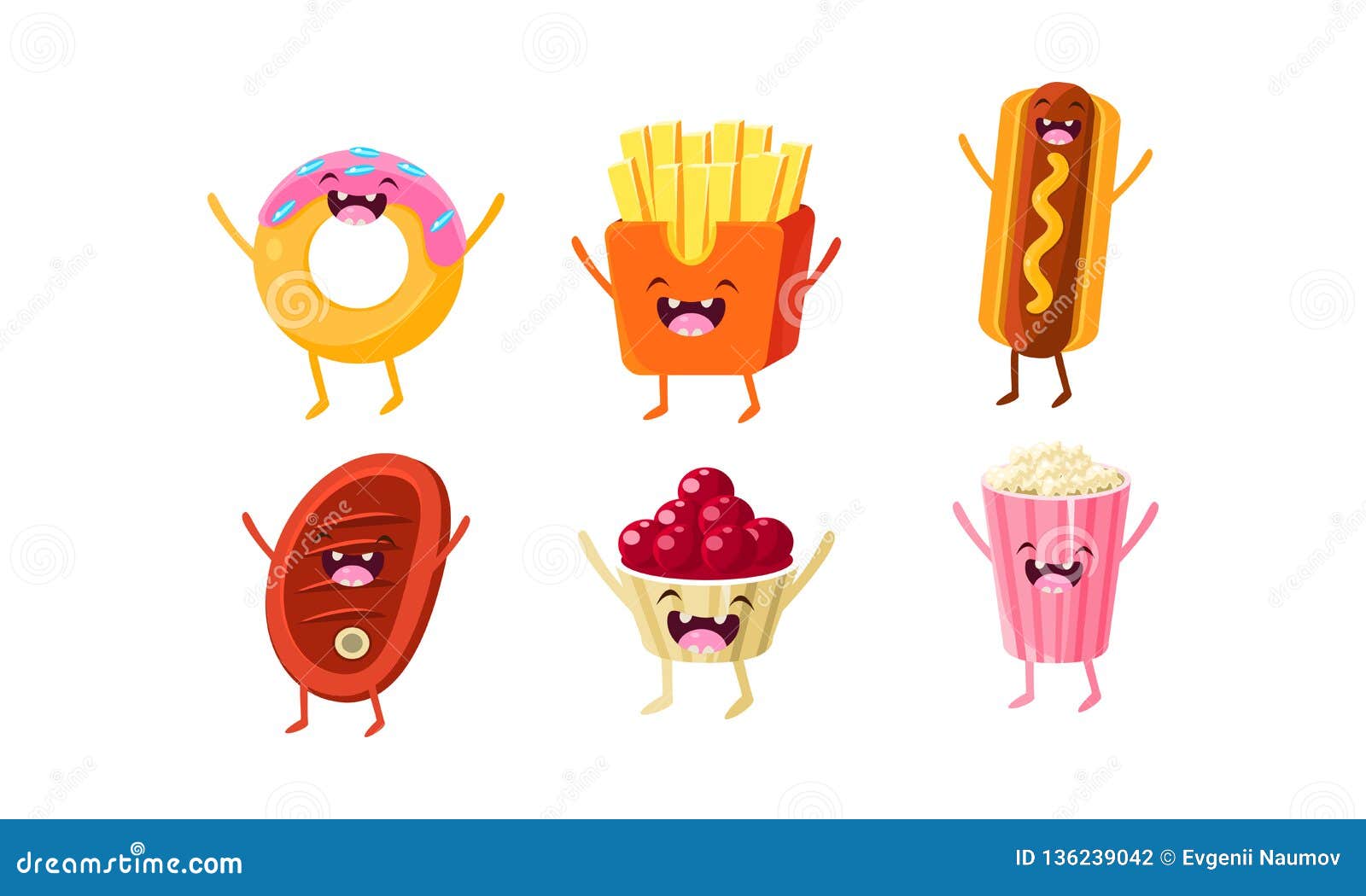 Funny Fast Food Characters Set, Donut, French Fries, Hot Dog, Meat Steak,  Ice Cream, Popcorn Vector Illustration Stock Vector - Illustration of  delicious, cute: 136239042