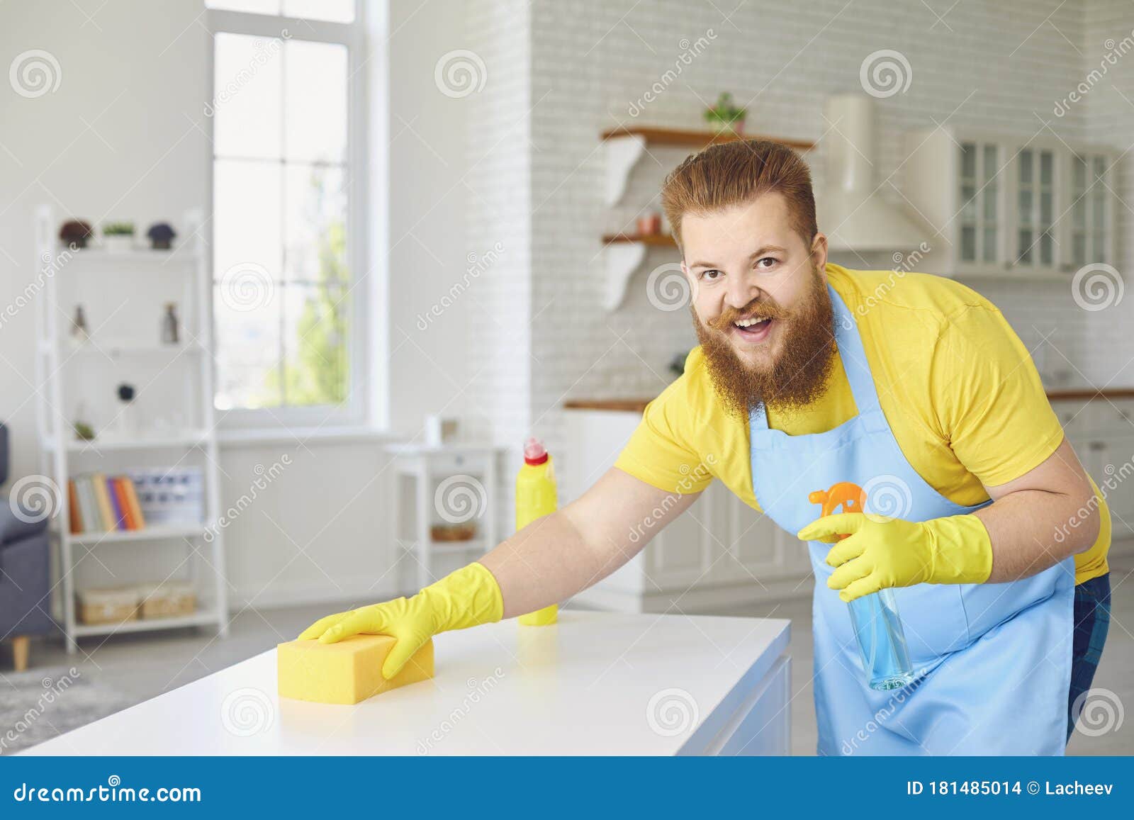 Funny Fat Man in an Apron and Yellow Cleaning Gloves is Cleaning in the Room. Stock Photo - Image of clean, housework: 181485014 Funny Fat Man in an Apron and Yellow Cleaning Gloves is Cleaning in the Room. Stock Photo - Image of clean, housework: 181485014