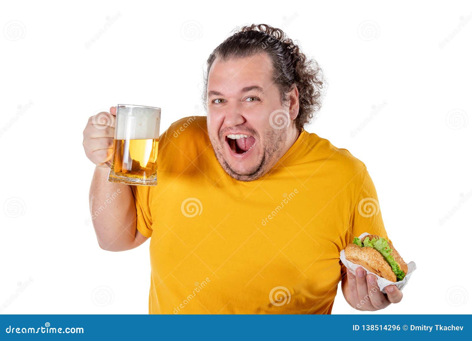 Funny Fat Man Eating Burger and Drinking Alcohol Beverage on White