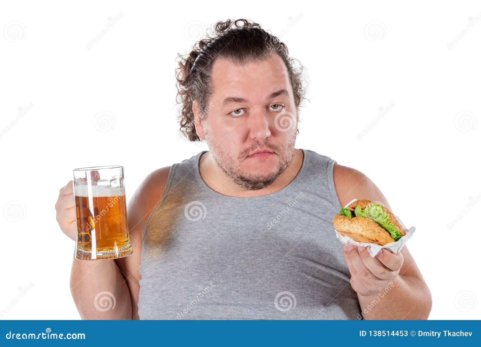 Funny Fat Man Eating Burger and Drinking Alcohol Beverage on White
