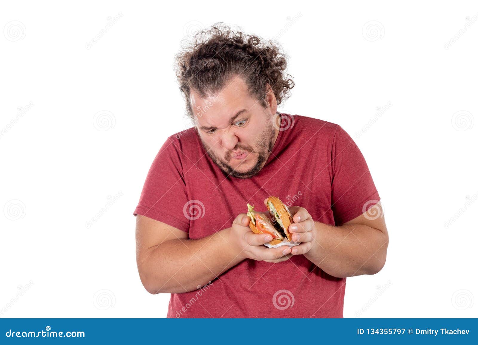 Funny Fat Man Eating Hamburger. Fast Food, Unhealty Eat. Overweight and ...