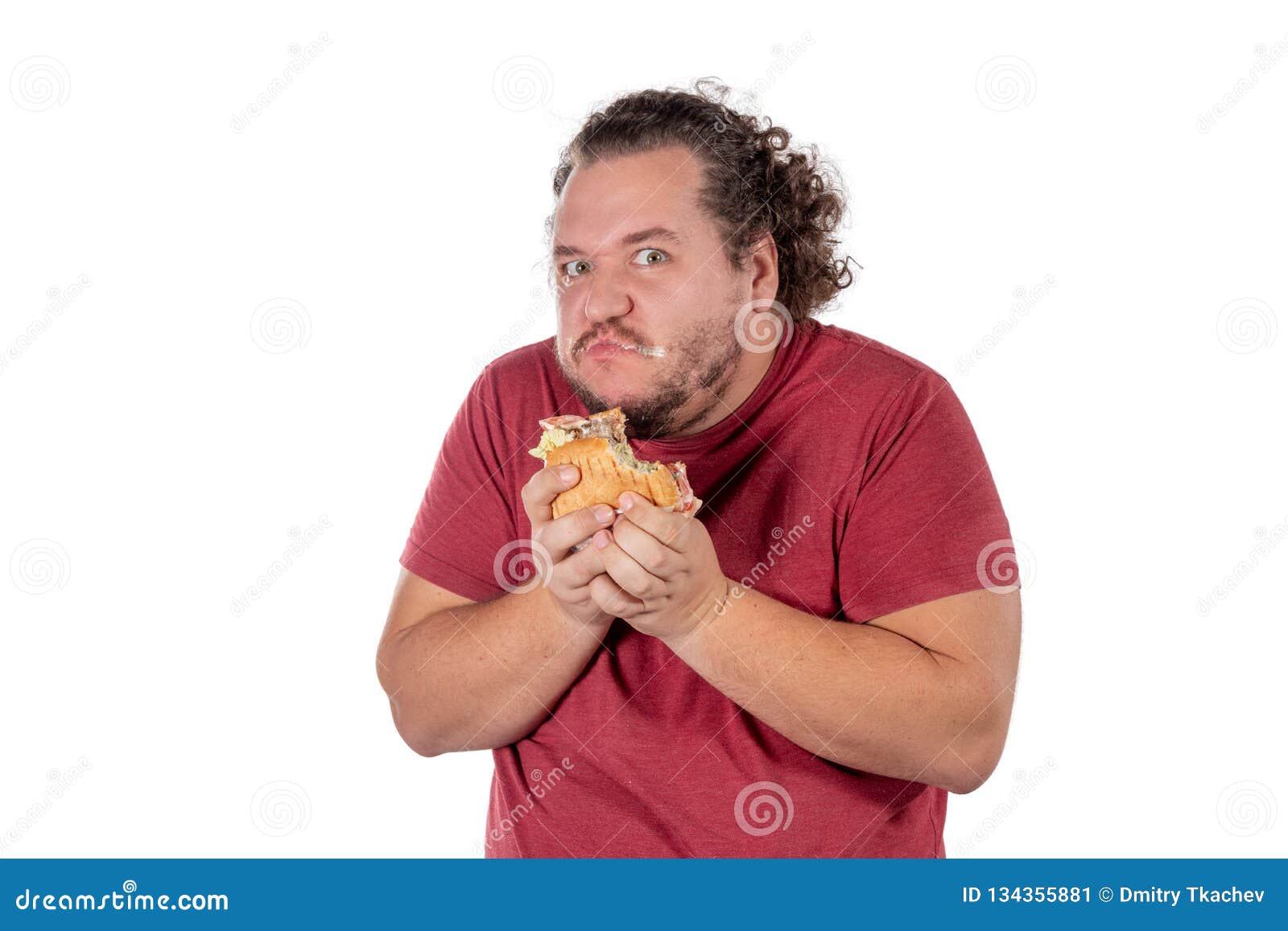 Funny Fat Man Eating Hamburger Fast Food Unhea