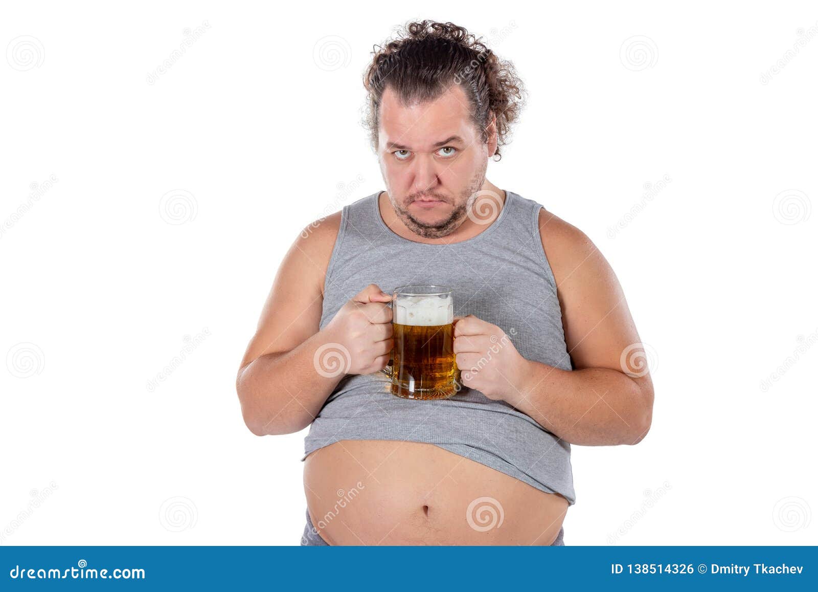 Funny Fat Man Feeling Happy And Relaxed Holding Fresh Cold Beer In Hi