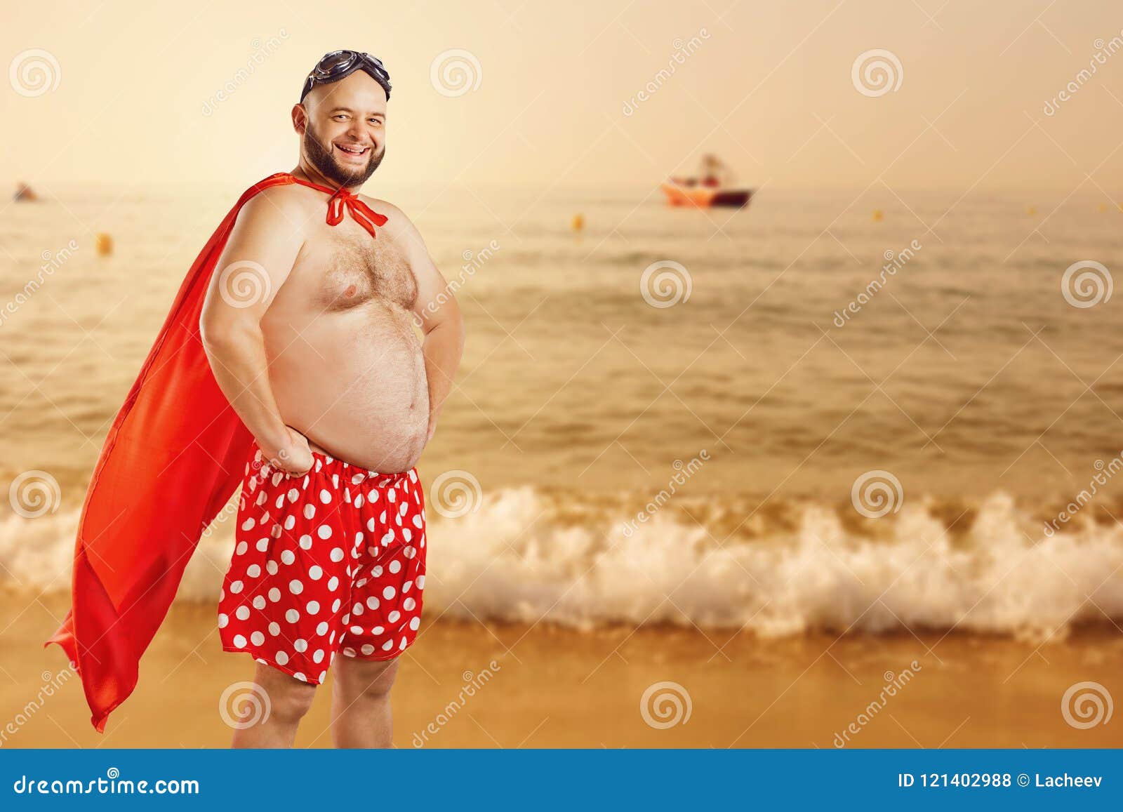 Funny Fat Man in a Superhero Costume on the Beach in the Summer ...