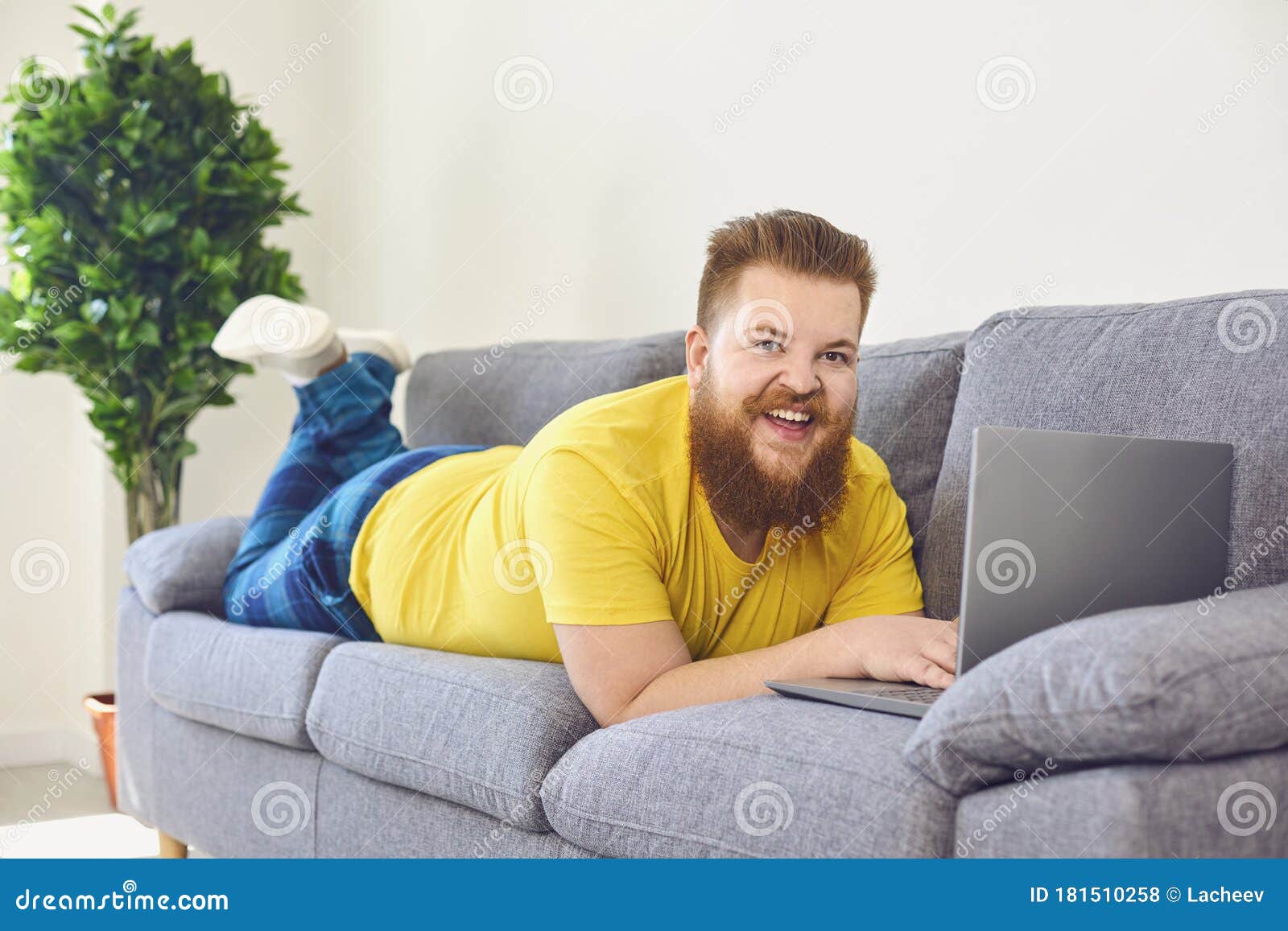 Funny Fat Man Working Online Shopping Shrpping Watching a Video at ...