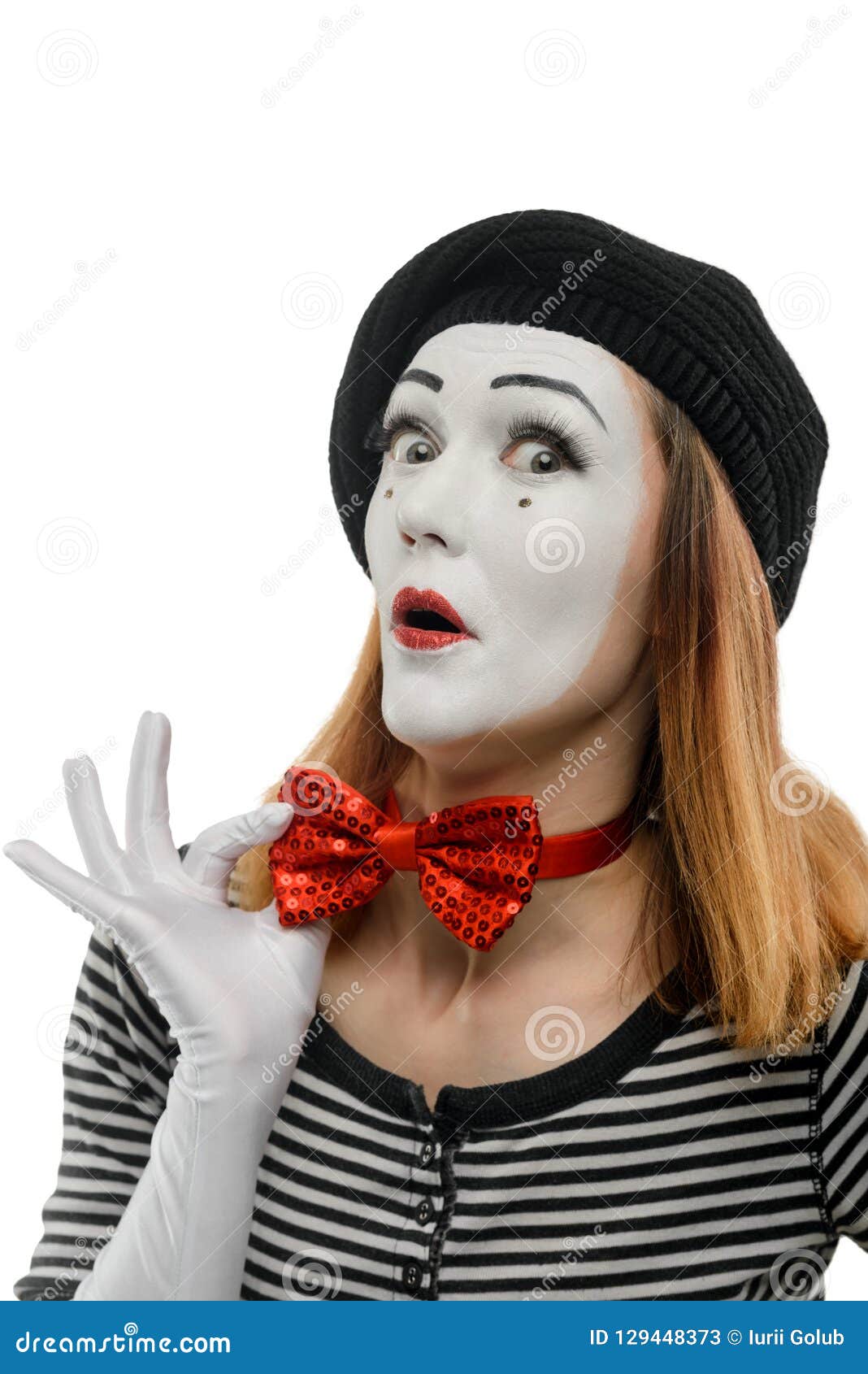 Funny female mime on white stock image. Image of emotion - 129448373