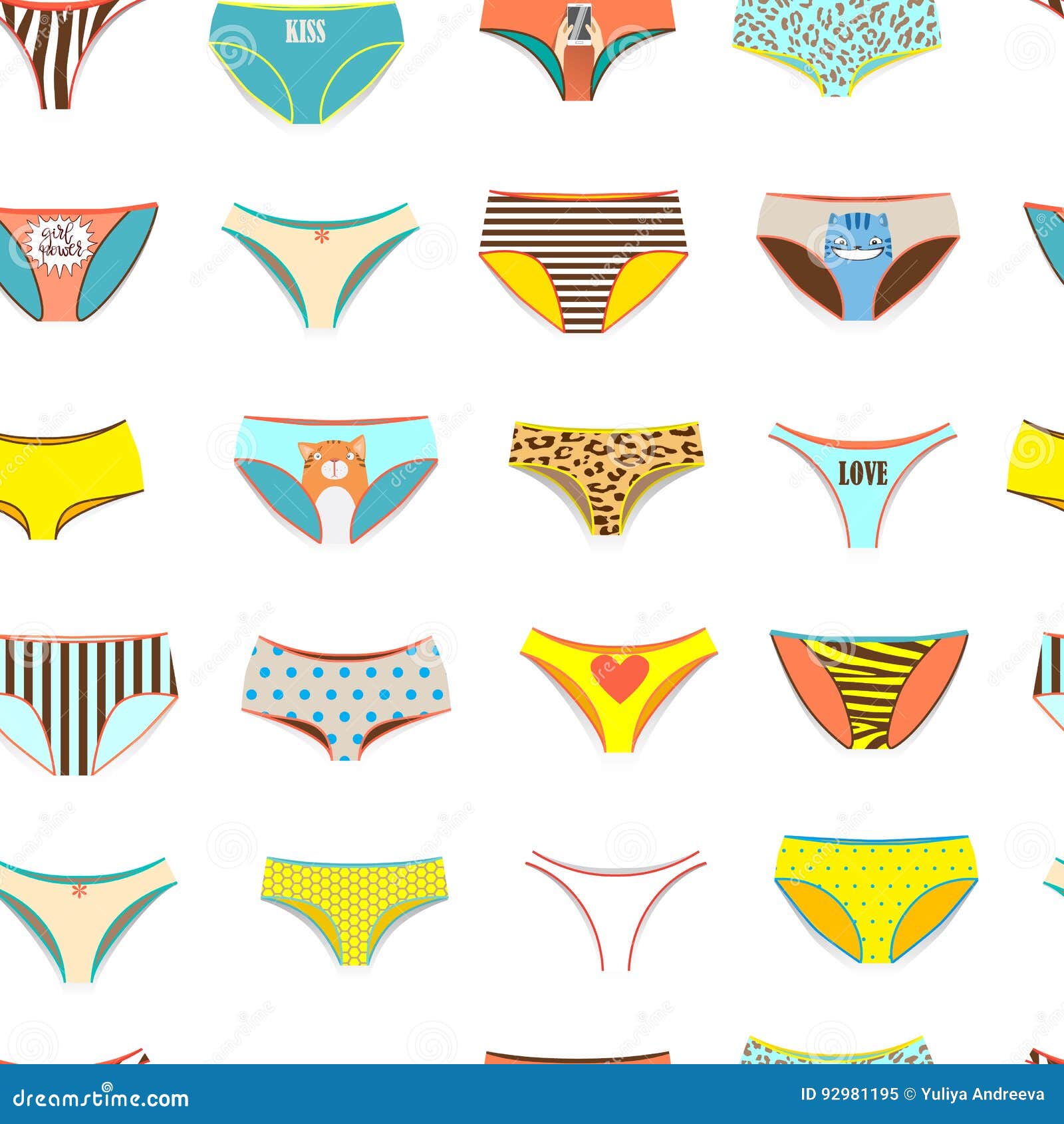 Funny Female Panties Pattern of Different Kinds. Stock Illustration