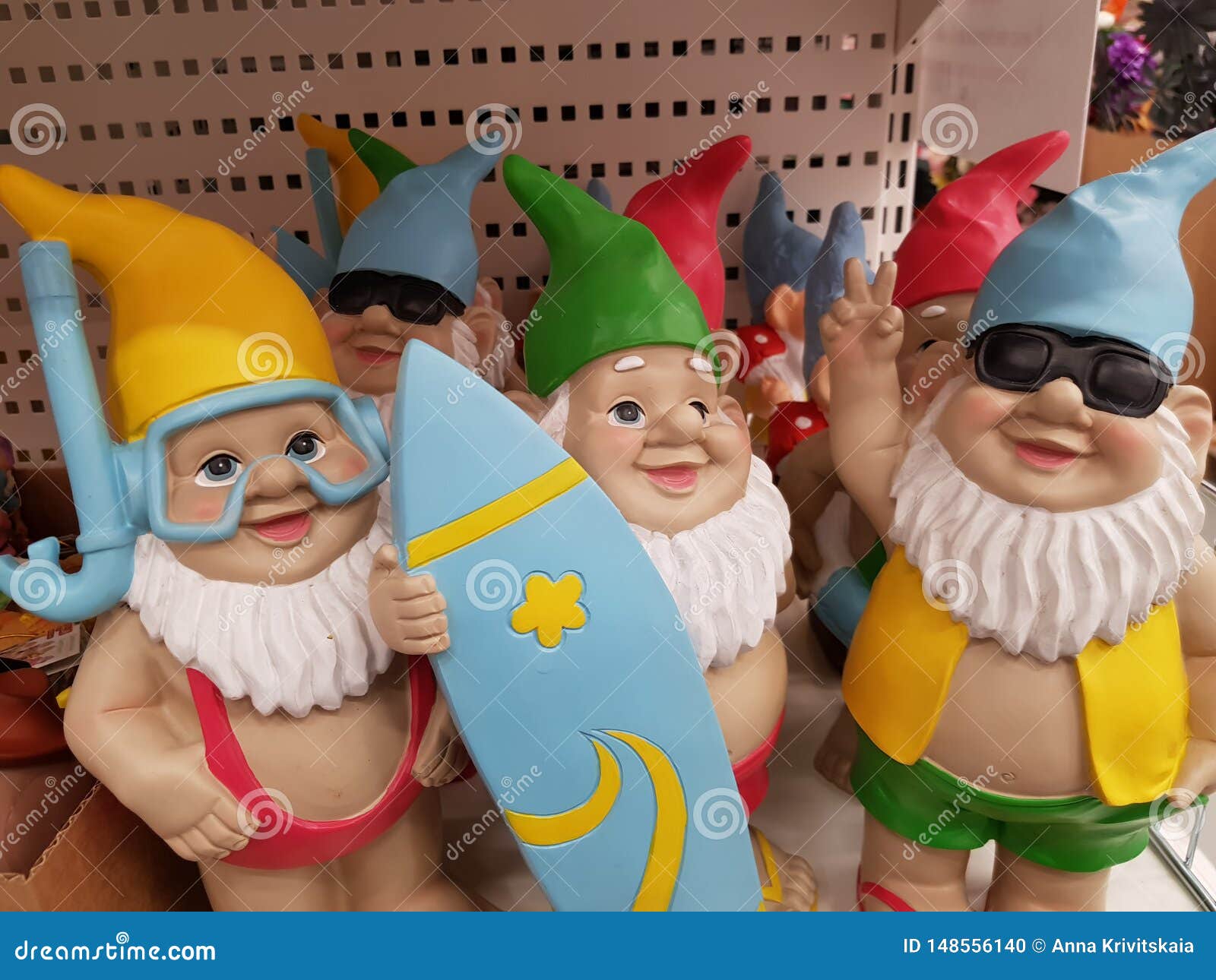 Funny Figures Of Garden Gnomes On Sale In The Store Stock Photo