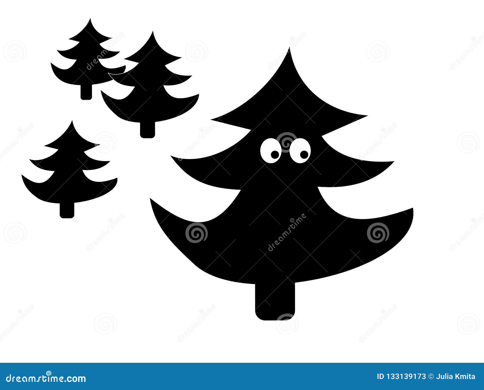 Funny fir tree silhouette cartoon on white background