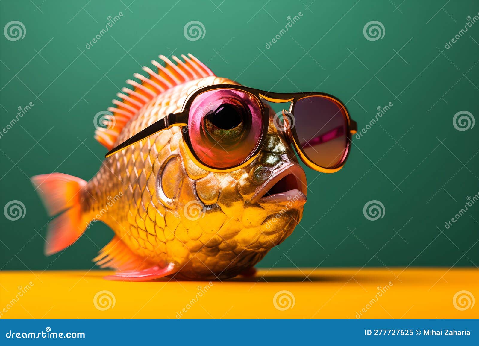 Funny Fish Wearing Sunglasses in Studio with a Colorful and Bright