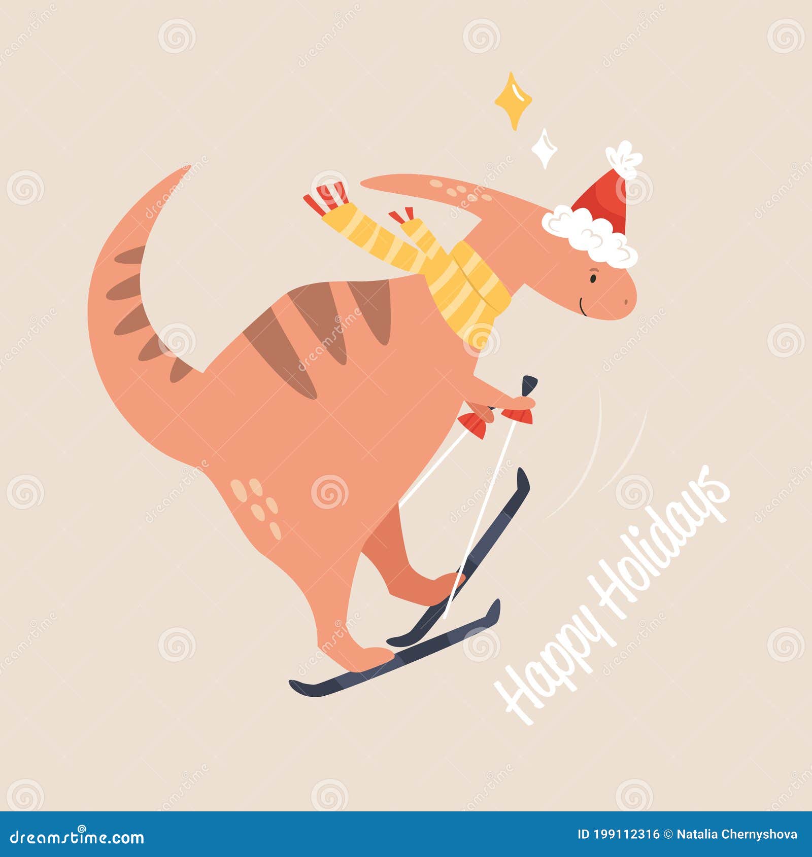Funny Flat Illustration with Dino Going Ski. Cute Cartoon Print or Holiday  Card Stock Vector - Illustration of design, birthday: 199112316