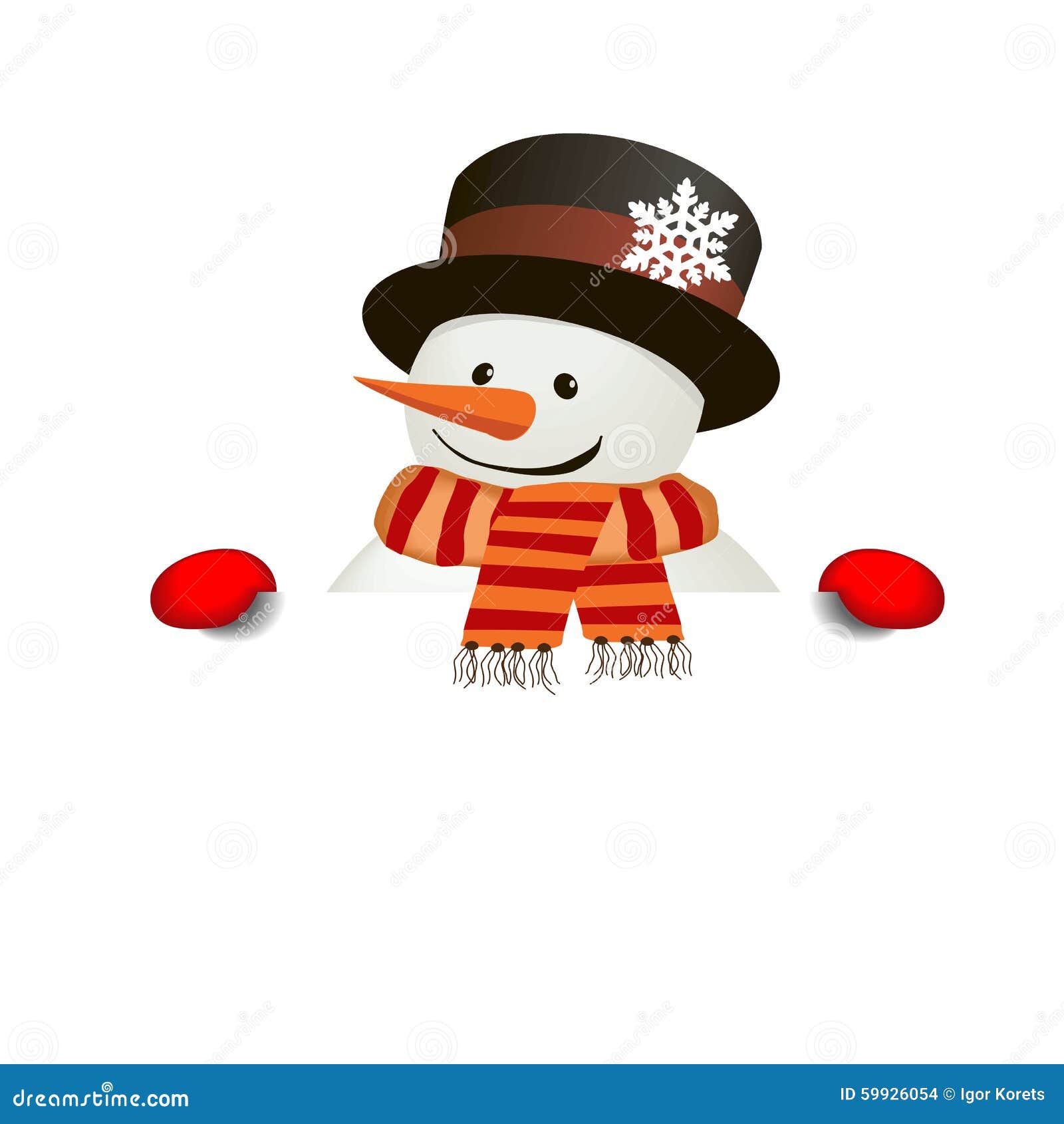 Funny friendly Snowman over white blank. Isolate, without gradients.